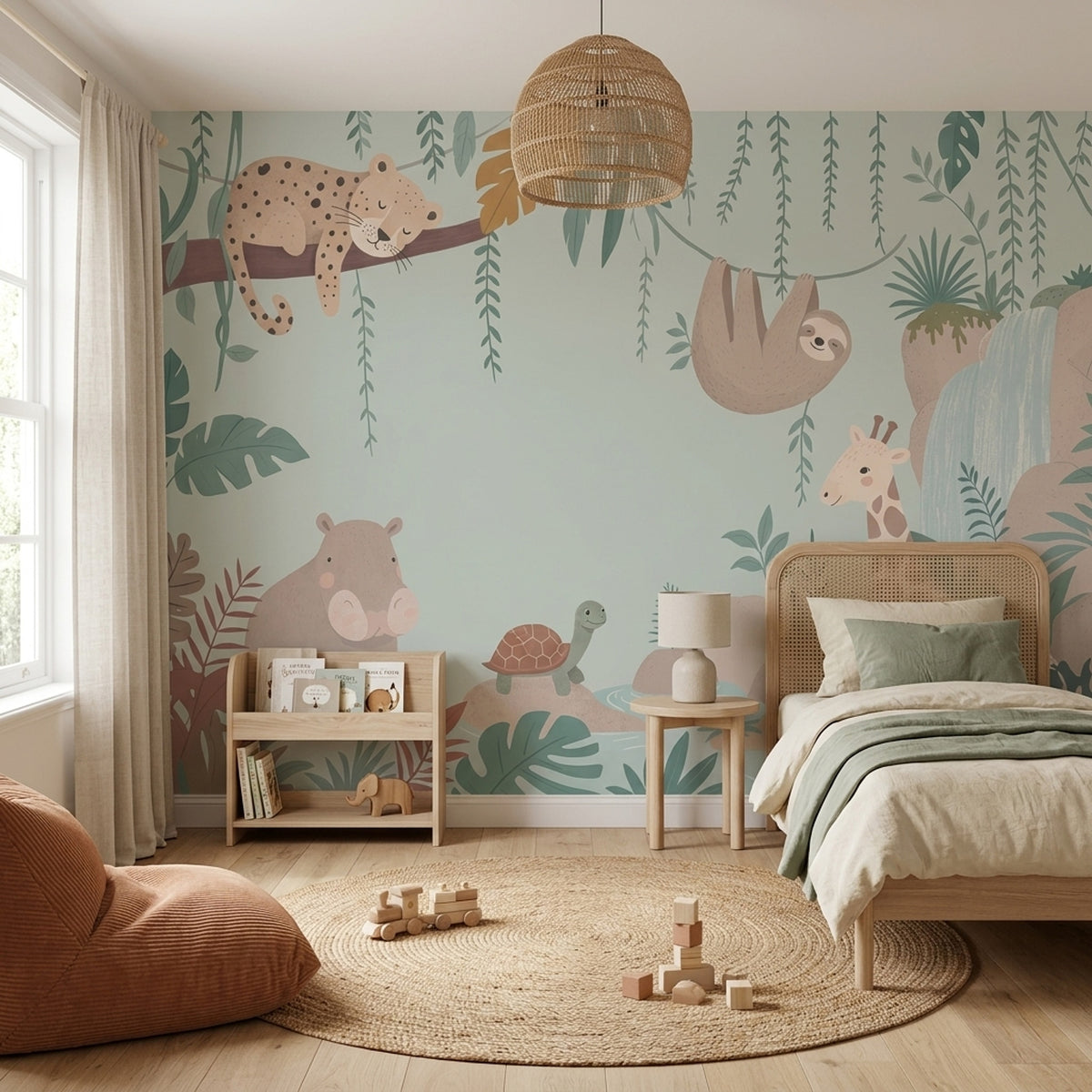 Jungle Hayvanlı Poster Duvar Kağıdı Yeşil Çocuk Odası Desenli