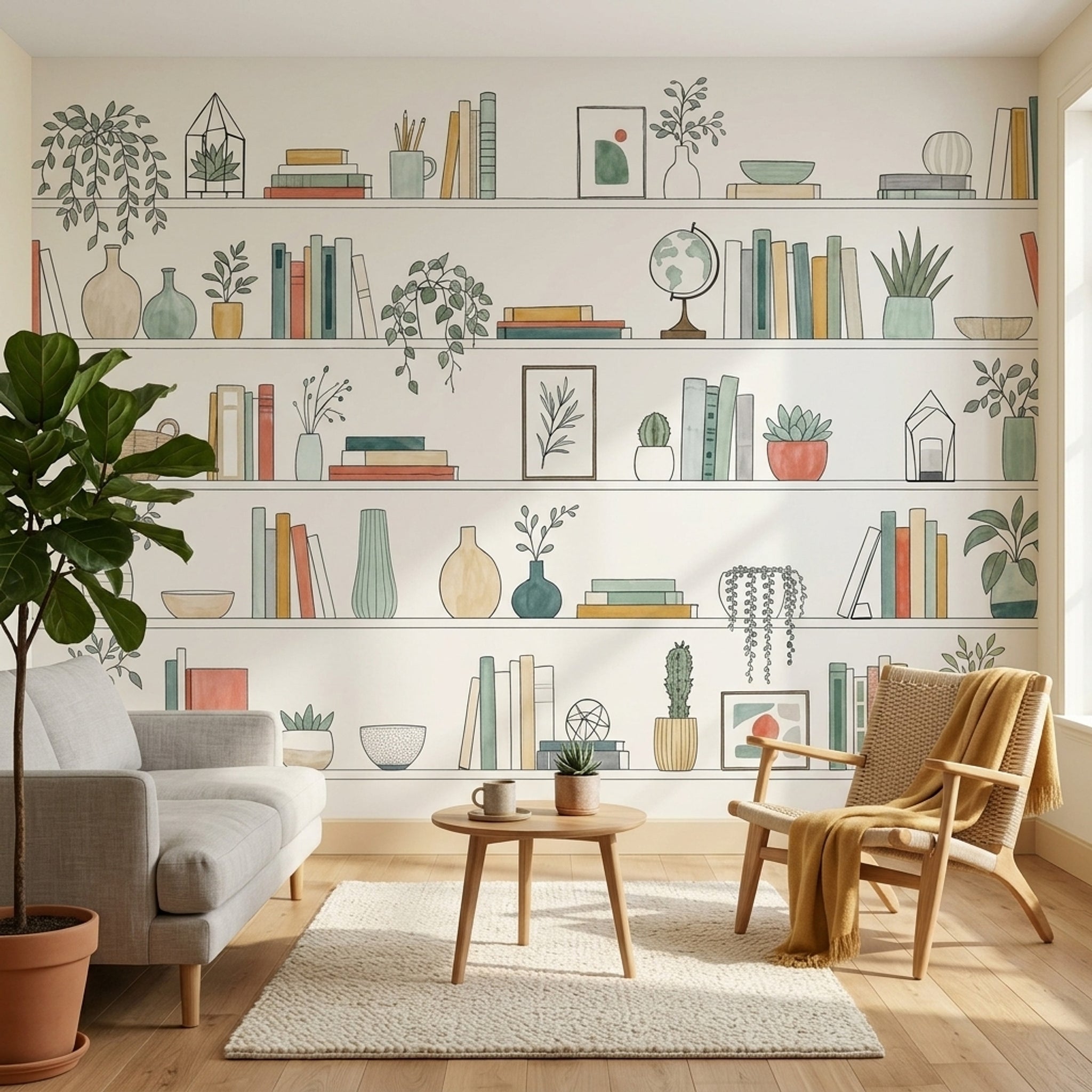 Kitaplık ve Bitkili Poster Duvar Kağıdı Pastel Çocuk Odası