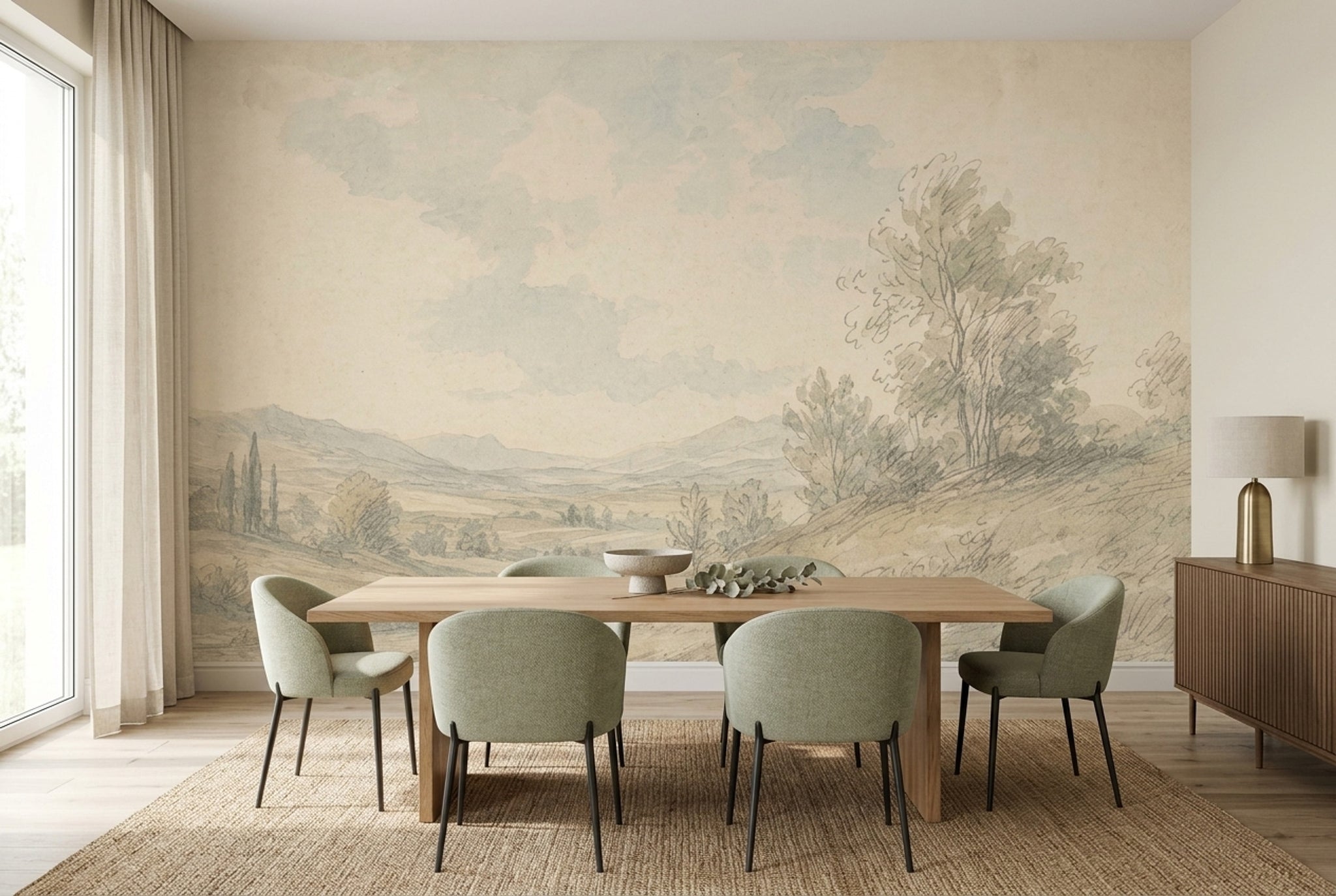 Pastel Manzara Poster Duvar Kağıdı Bej Yeşil Salon Duvarı