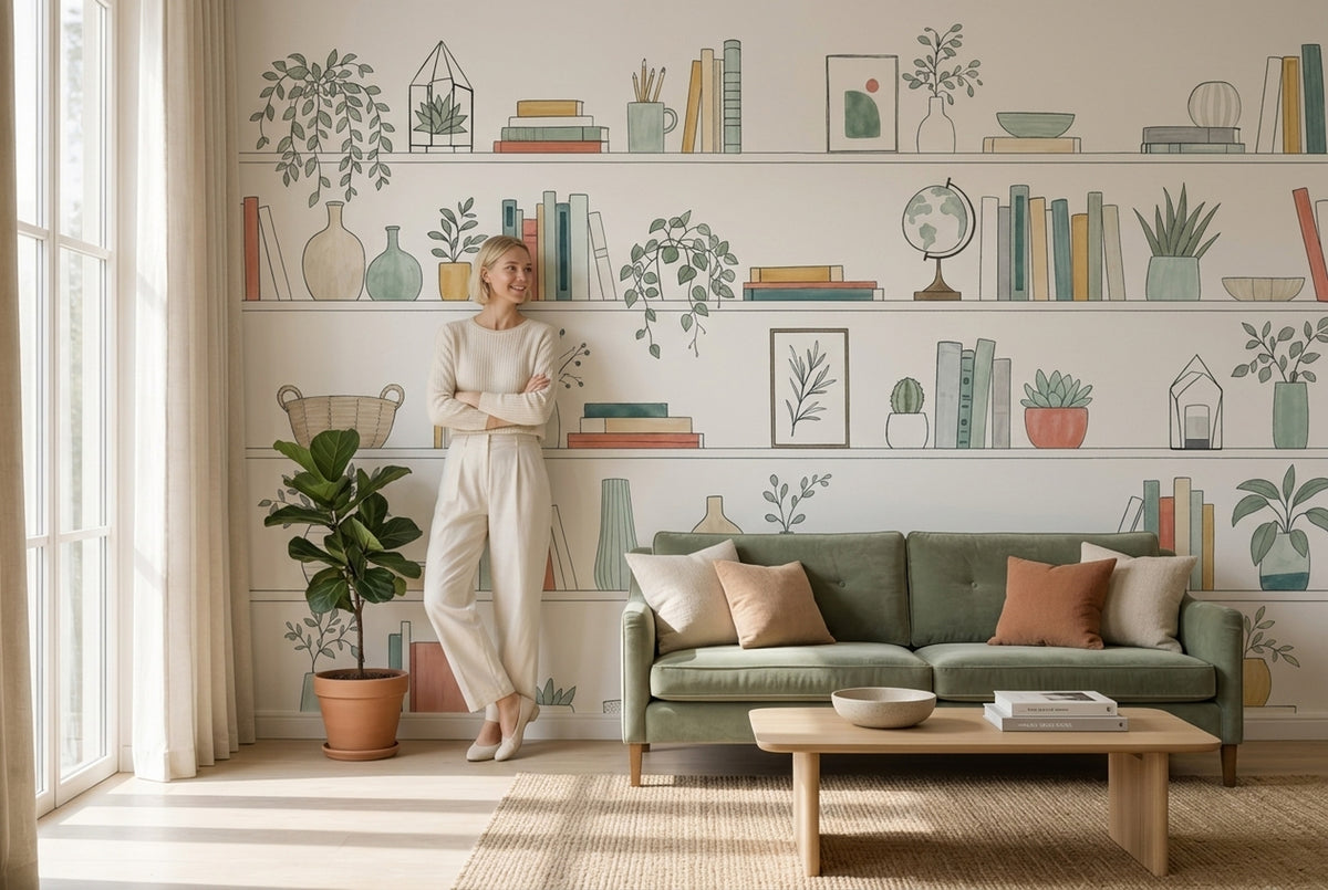 Kitaplık ve Bitkili Poster Duvar Kağıdı Pastel Çocuk Odası