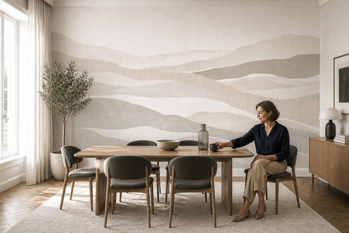 Bej Dalgalı Soyut Poster Duvar Kağıdı Minimal Salon Duvarı