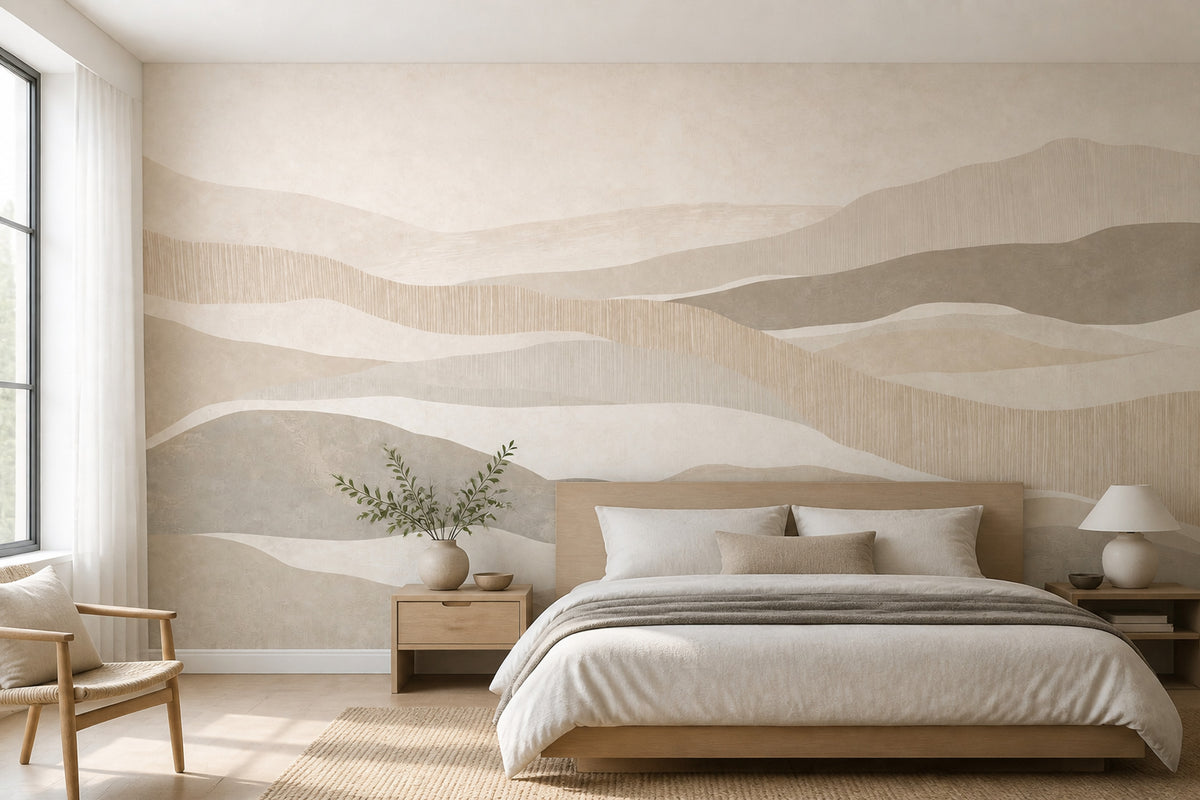 Bej Dalgalı Soyut Poster Duvar Kağıdı Minimal Salon Duvarı
