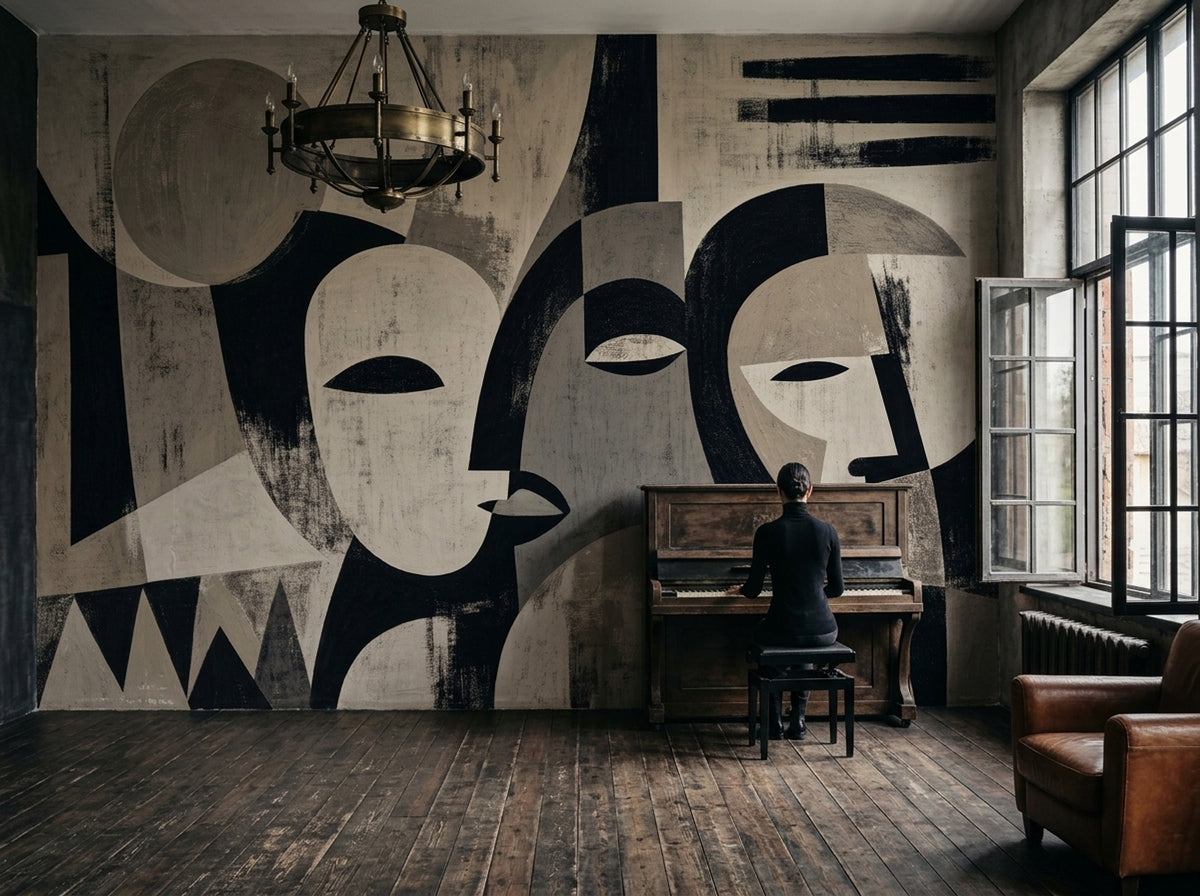 Soyut Yüzler Poster Duvar Kağıdı Siyah Beyaz Salon