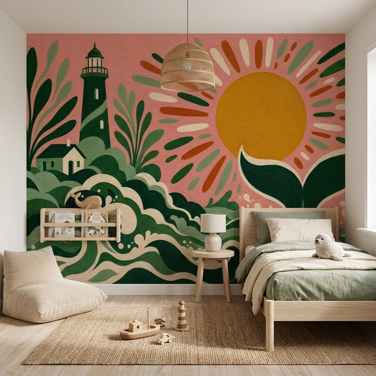 Deniz Feneri ve Balina Kuyruğu Poster Duvar Kağıdı Yeşil