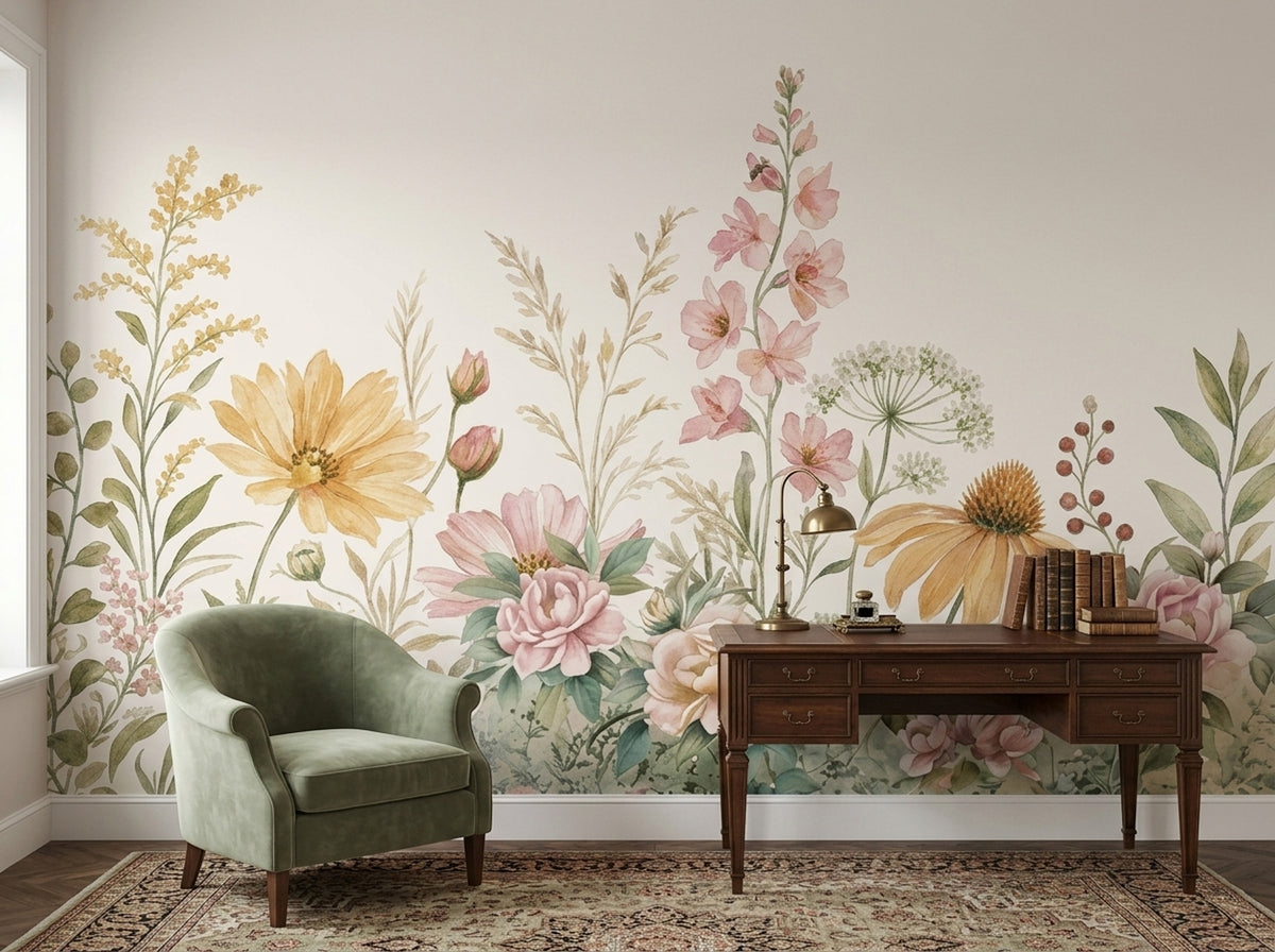 Suluboya Çiçekli Poster Duvar Kağıdı Pastel Renk Salon