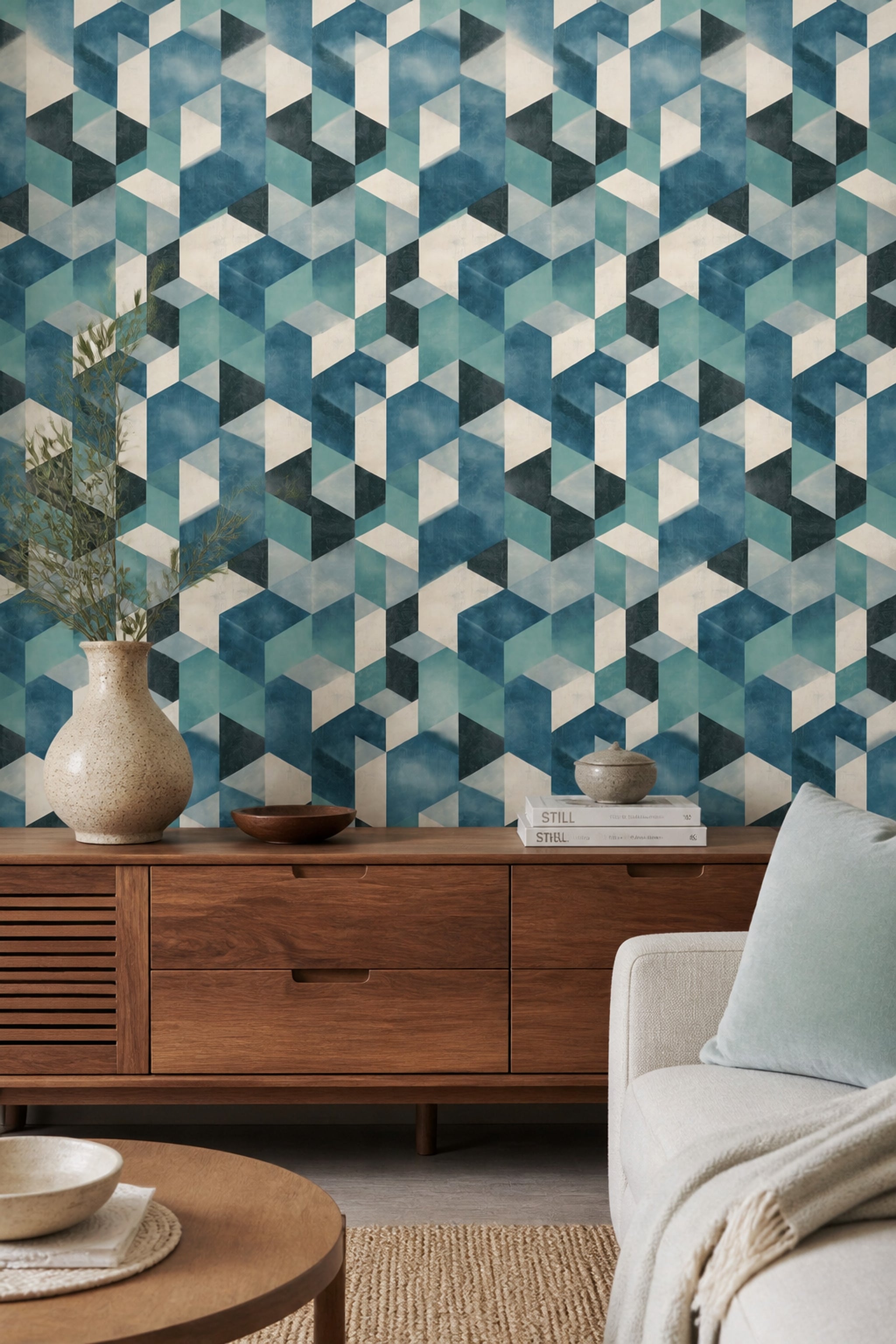 Geometrik Küp Desenli Duvar Kağıdı Mavi Genç Odası