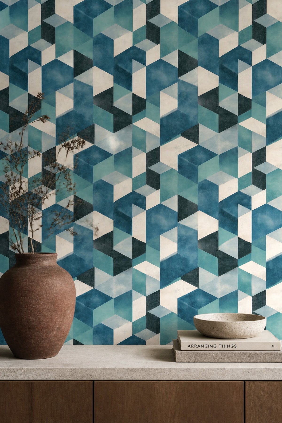 Geometrik Küp Desenli Duvar Kağıdı Mavi Genç Odası