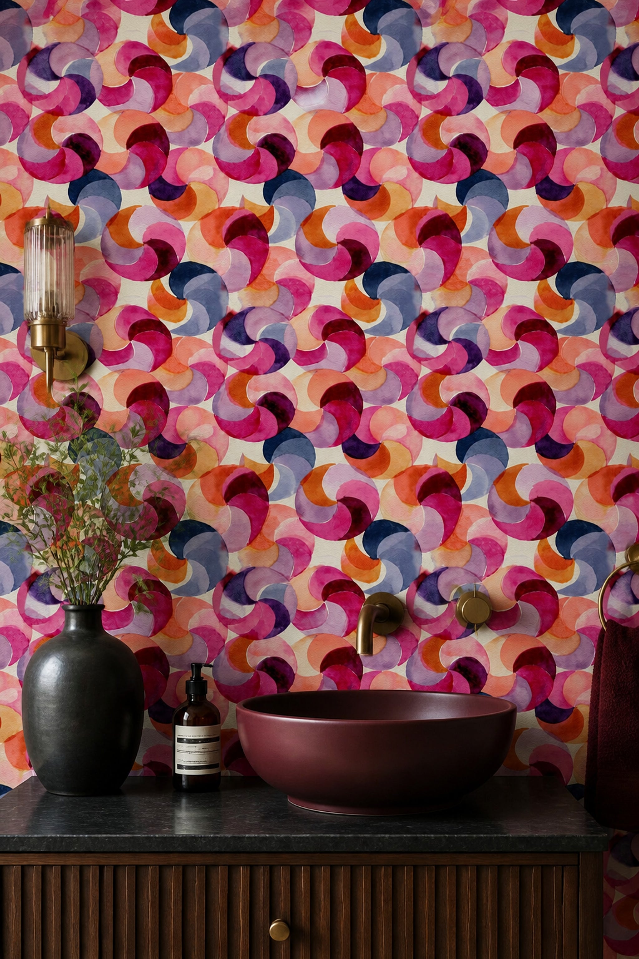 Renkli Geometrik Duvar Kağıdı Modern Dairesel Desenli Salon