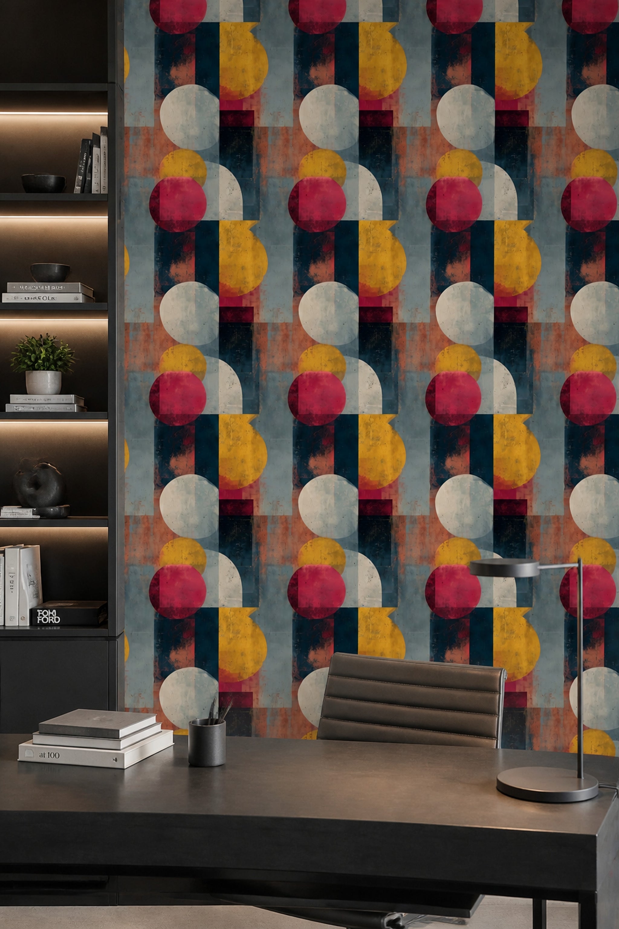 Soyut Geometrik Duvar Kağıdı Hardal Lacivert Retro Salon