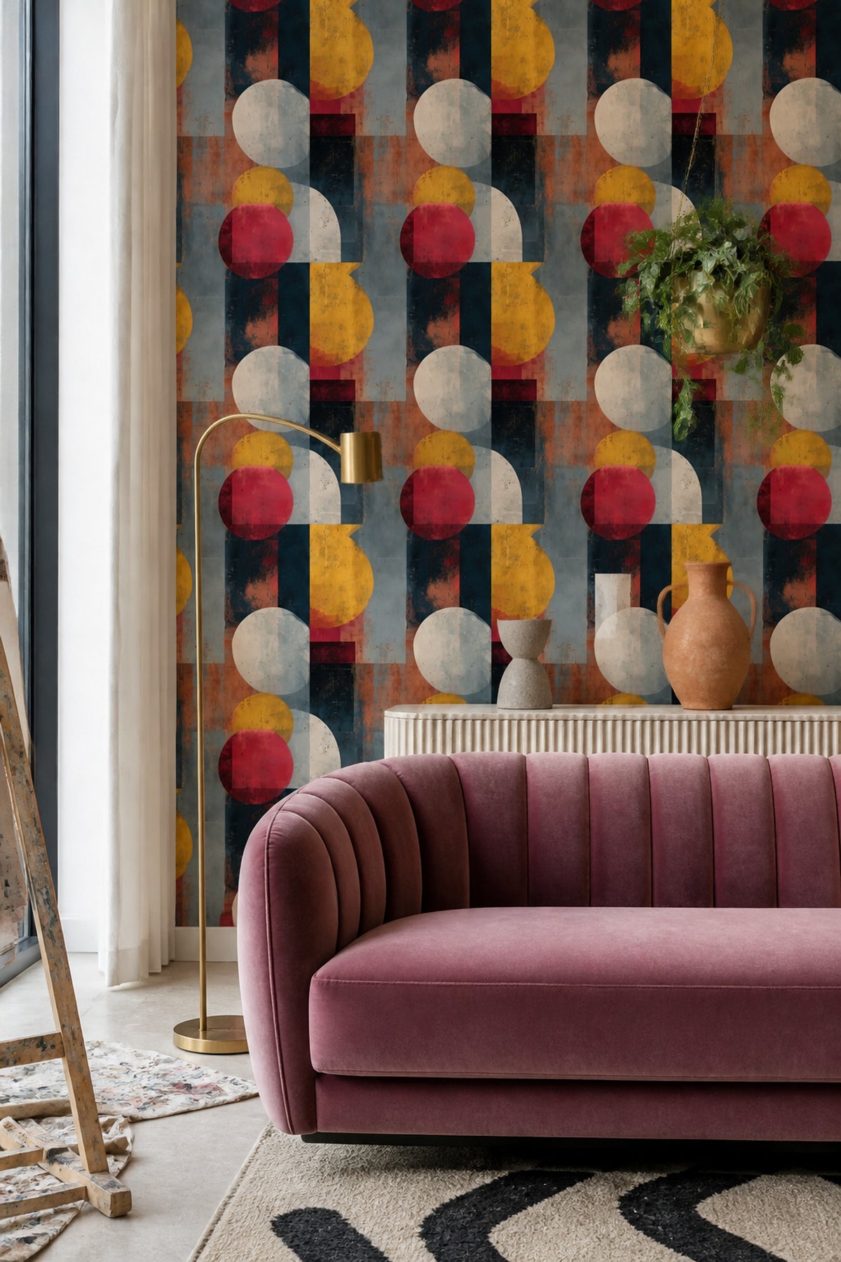 Soyut Geometrik Duvar Kağıdı Hardal Lacivert Retro Salon