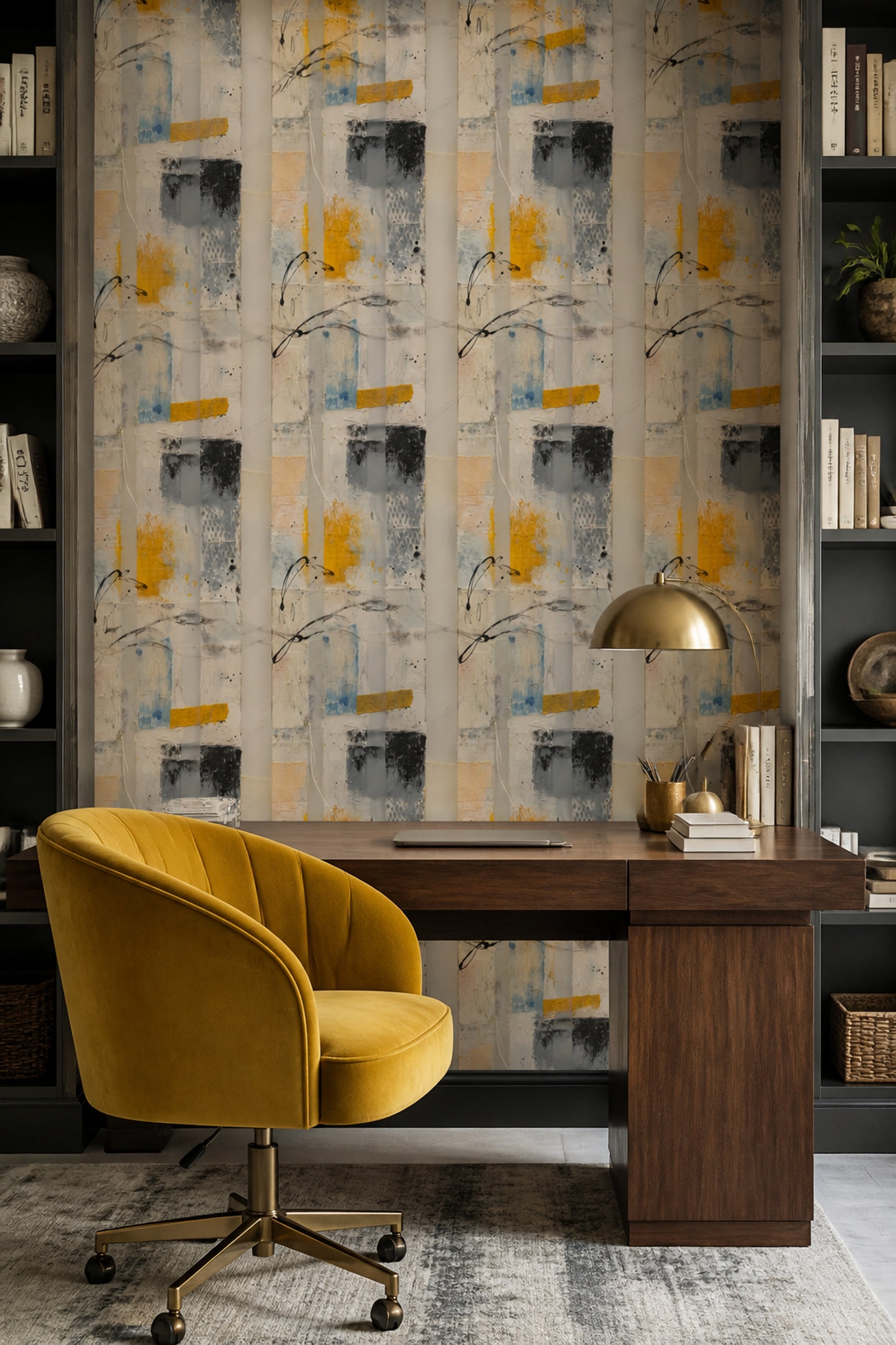 Soyut Geometrik Duvar Kağıdı Bej Sarı Modern Salon