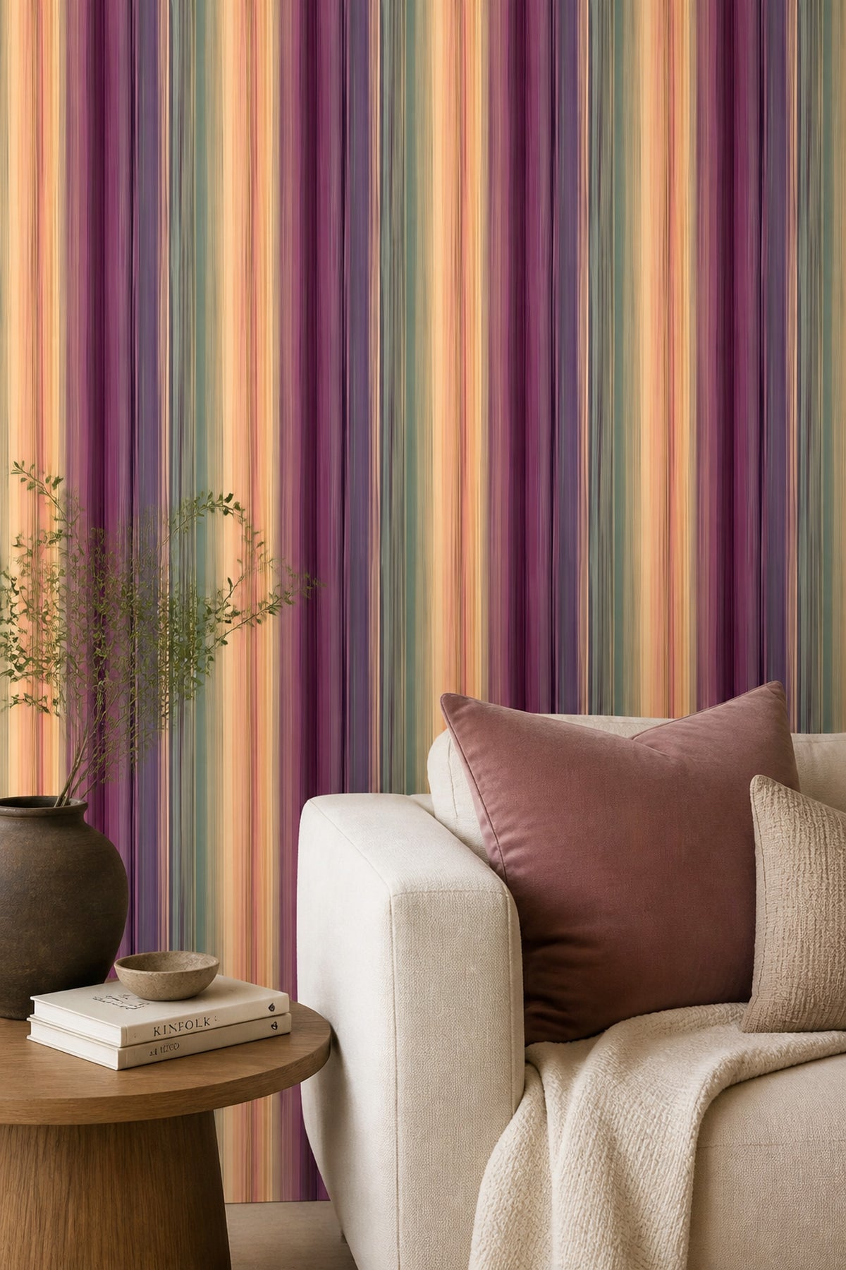 Renkli Dikey Çizgili Duvar Kağıdı Modern Salon Dekoru