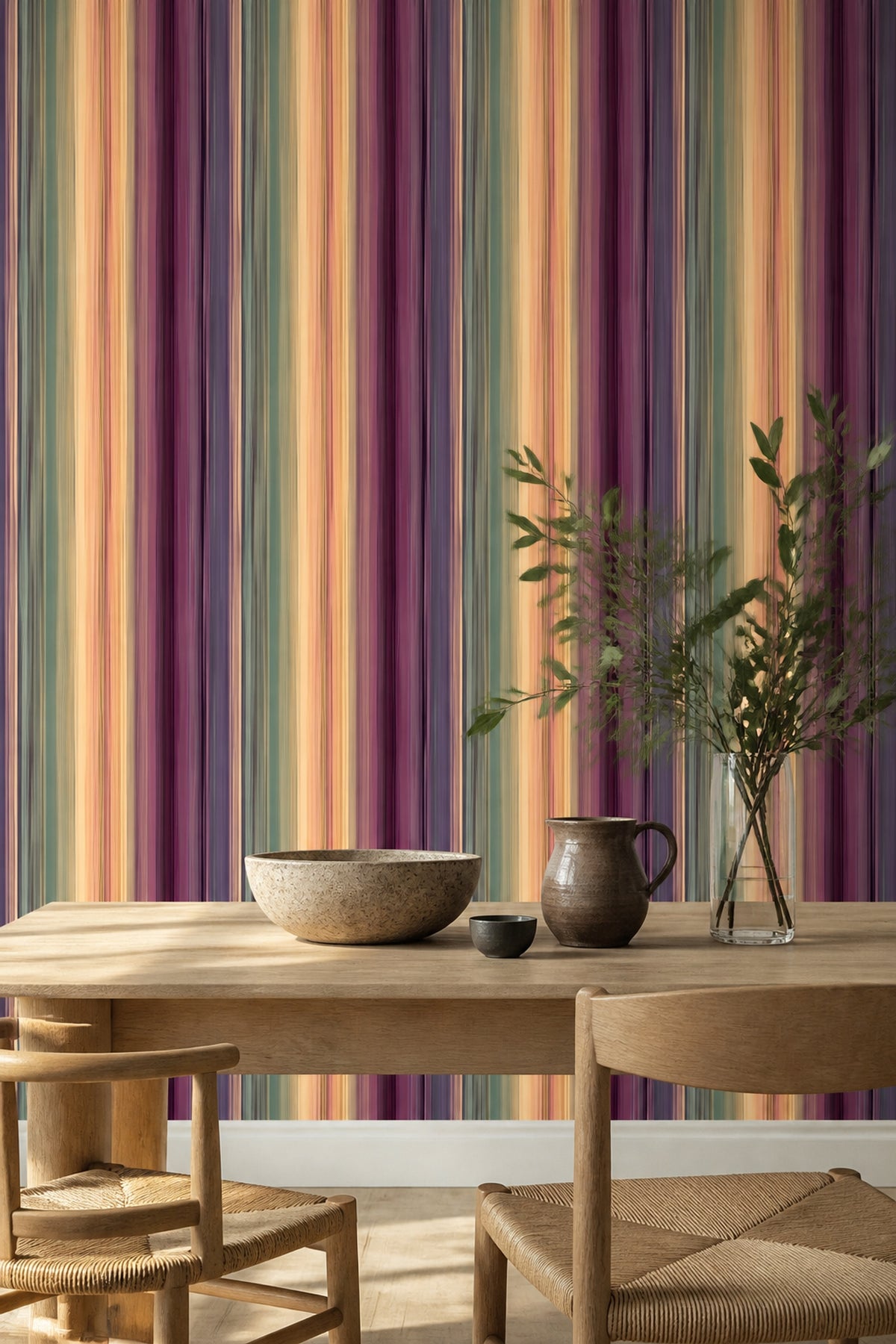 Renkli Dikey Çizgili Duvar Kağıdı Modern Salon Dekoru