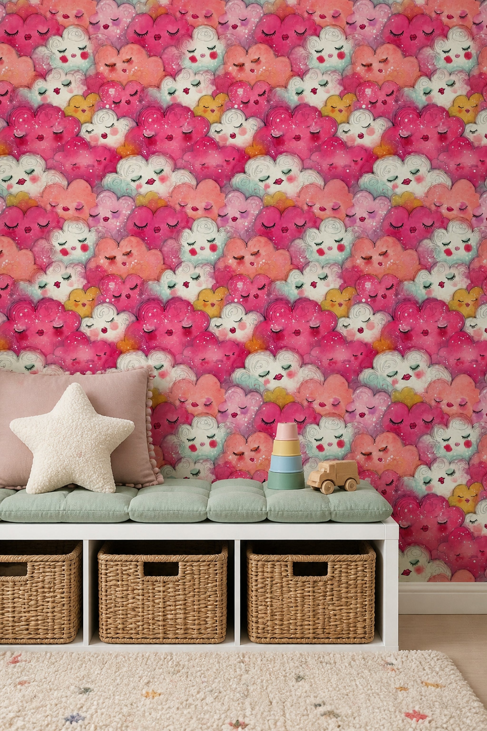 Kalpli Bulut Desenli Duvar Kağıdı Pembe Çocuk Odası
