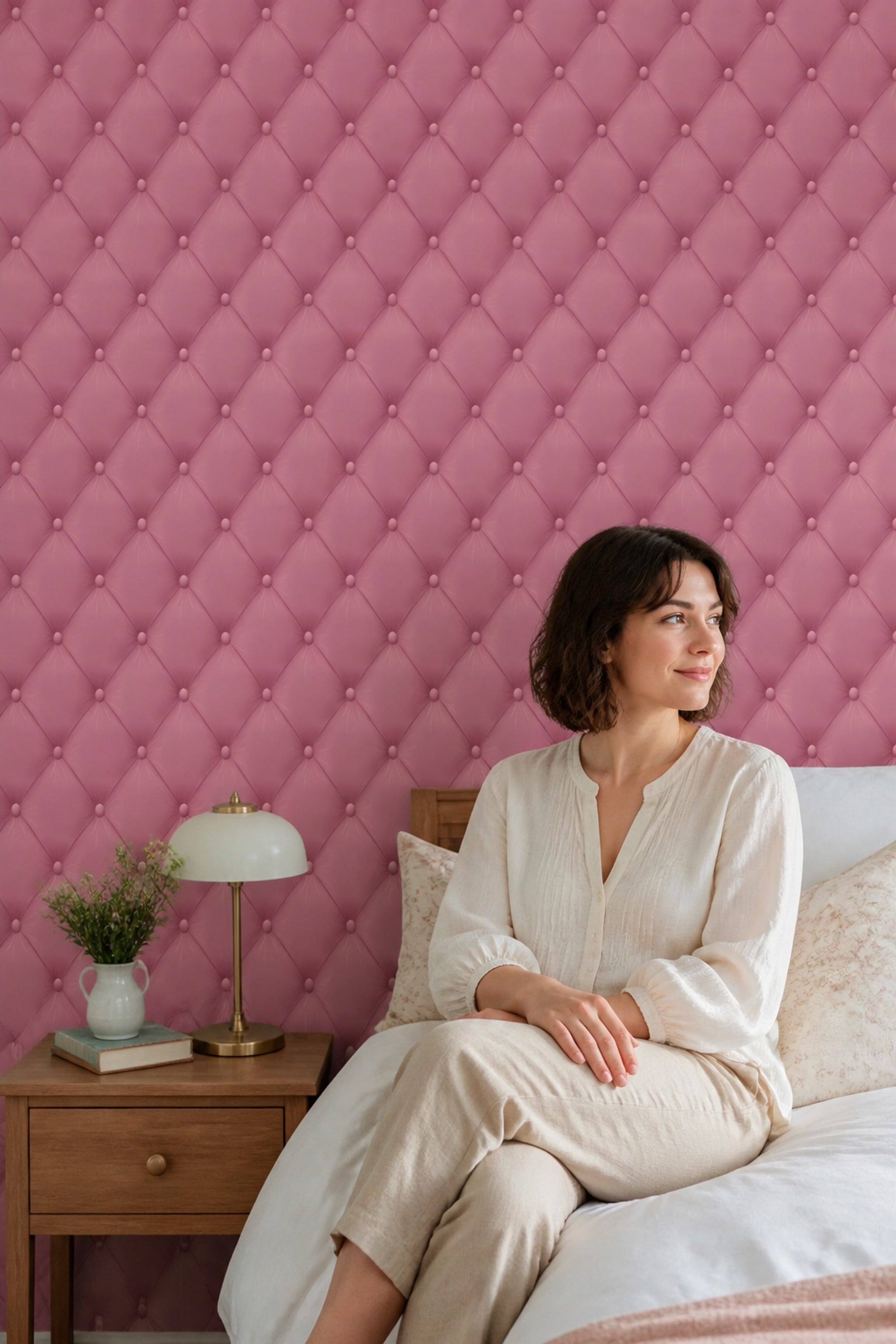 Kapitoneli Deri Görünümlü Duvar Kağıdı Pudra Pembe Salon