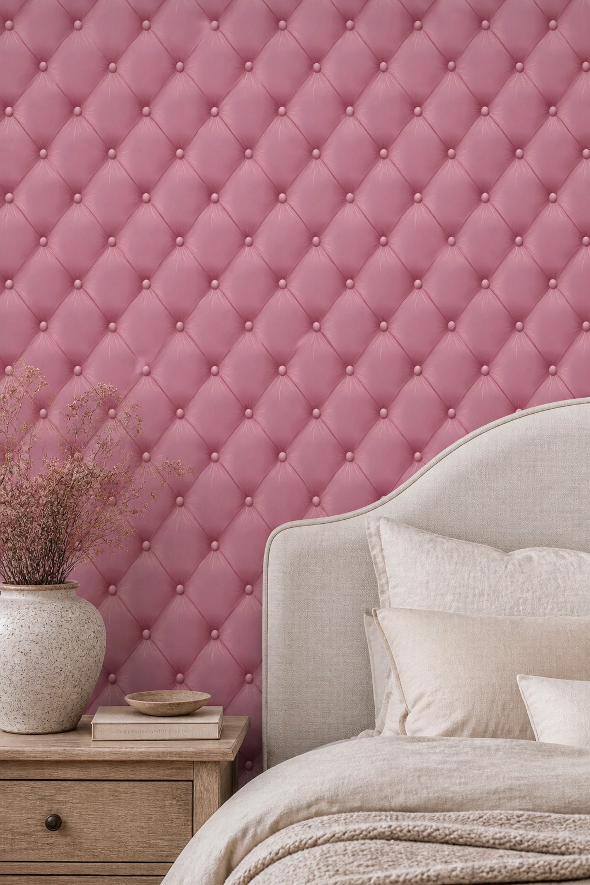 Kapitoneli Deri Görünümlü Duvar Kağıdı Pudra Pembe Salon