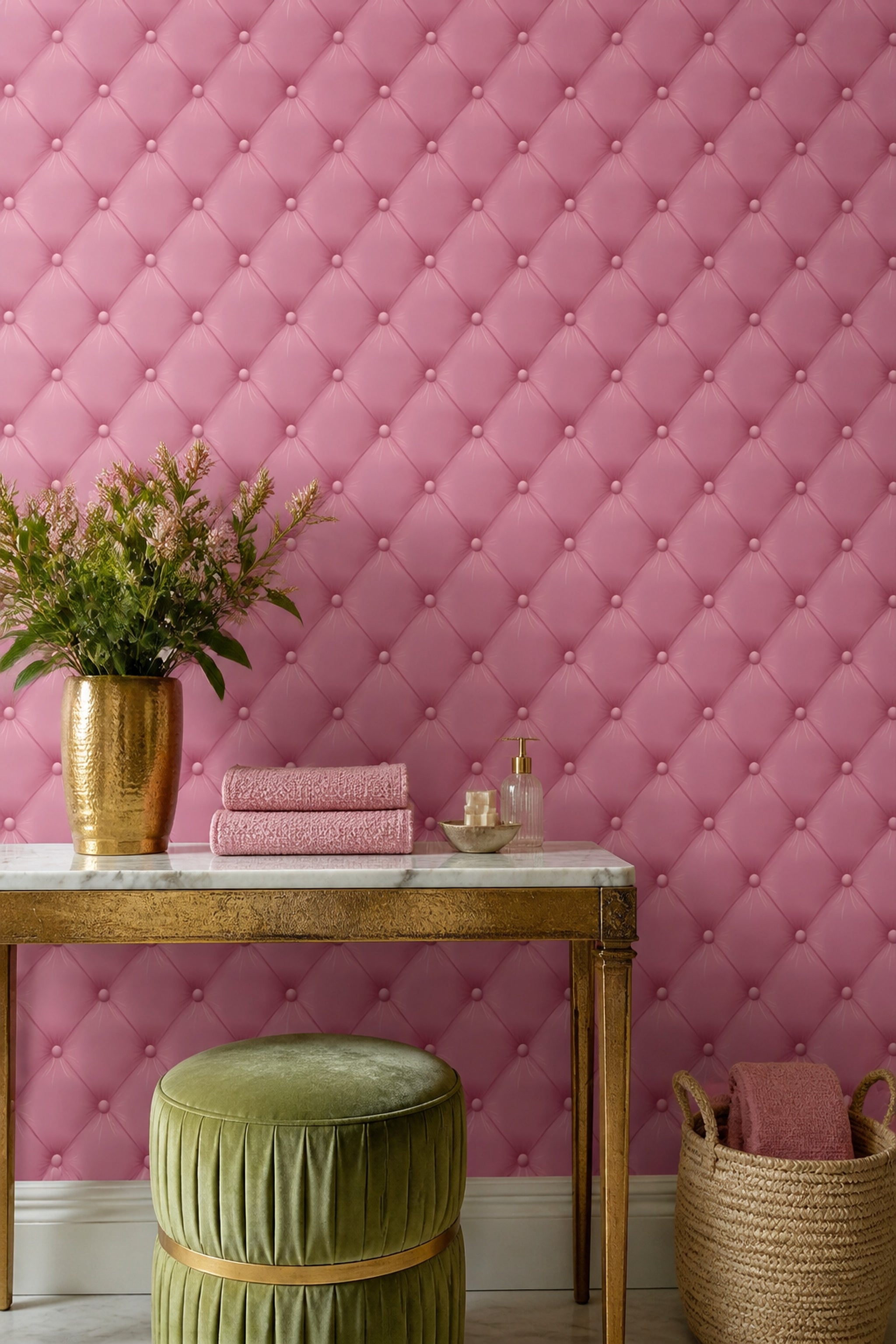 Kapitoneli Deri Görünümlü Duvar Kağıdı Pudra Pembe Salon
