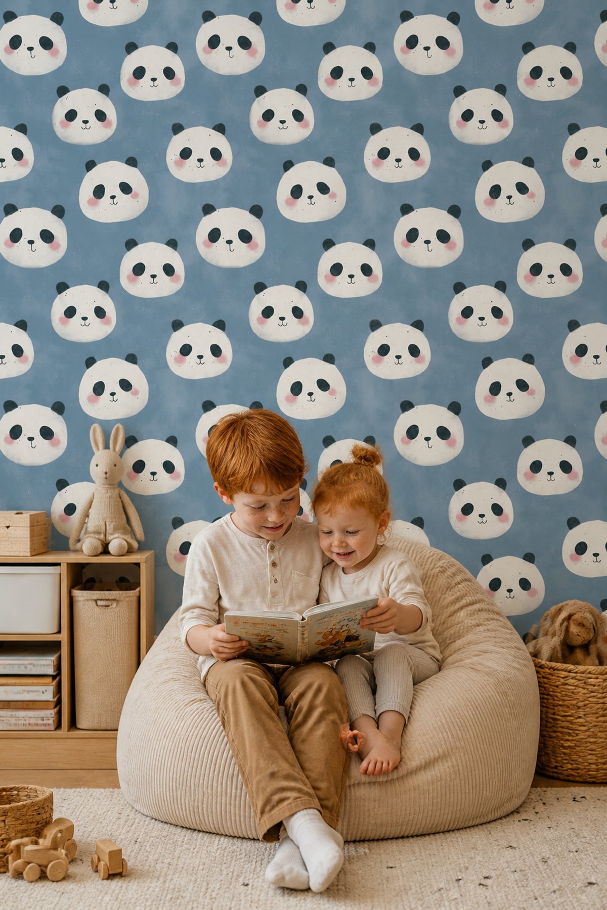 Panda Desenli Duvar Kağıdı Mavi Çocuk Odası Duvar Dekoru