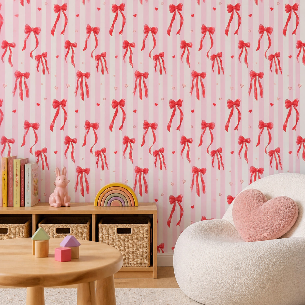 Pembe Fiyonklu Duvar Kağıdı Kız Bebek Odası Çizgili Desen