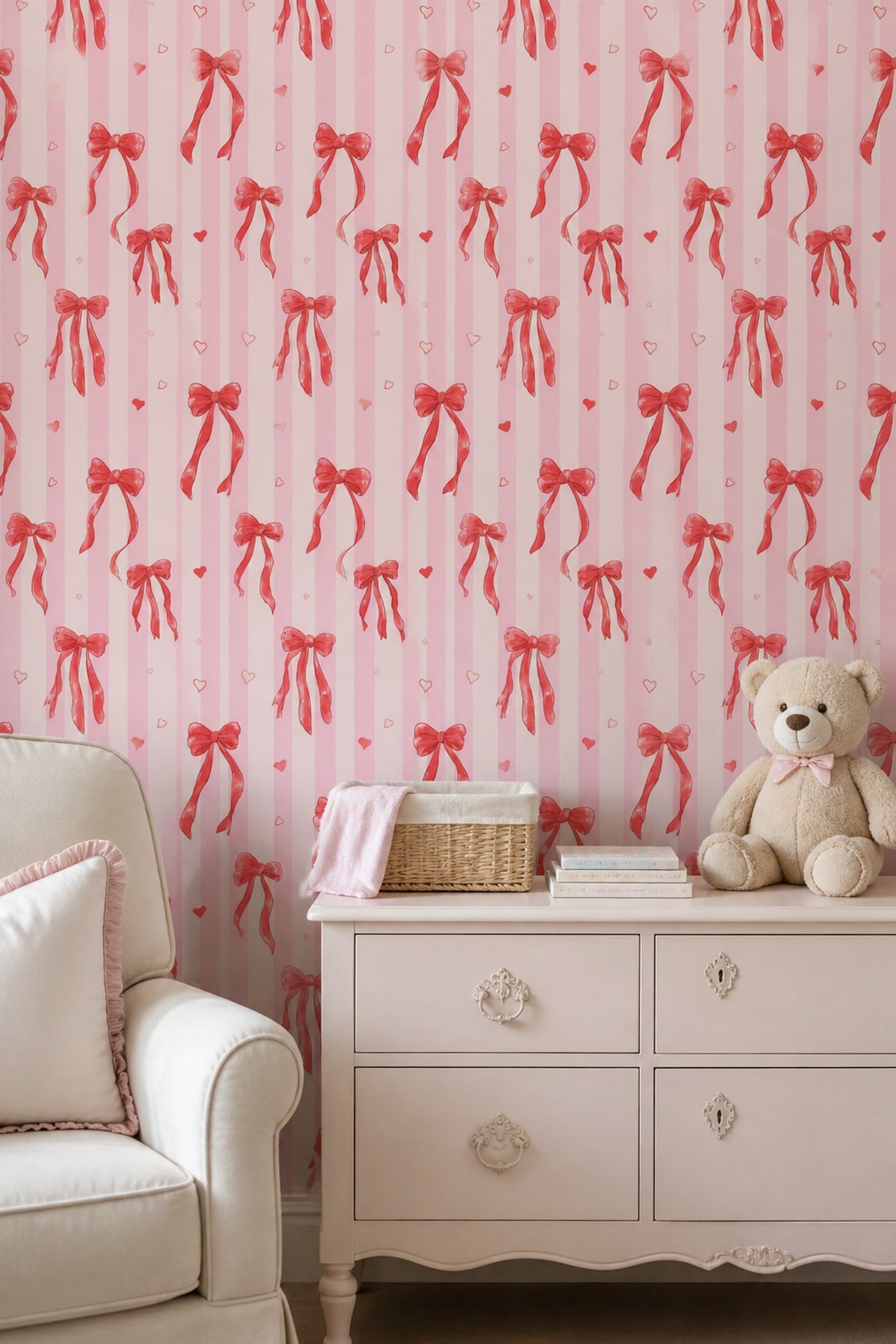 Pembe Fiyonklu Duvar Kağıdı Kız Bebek Odası Çizgili Desen