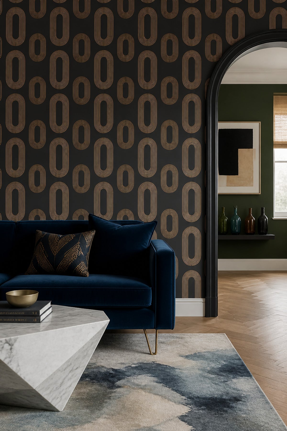 Geometrik Halka Desenli Duvar Kağıdı Siyah Altın Salon