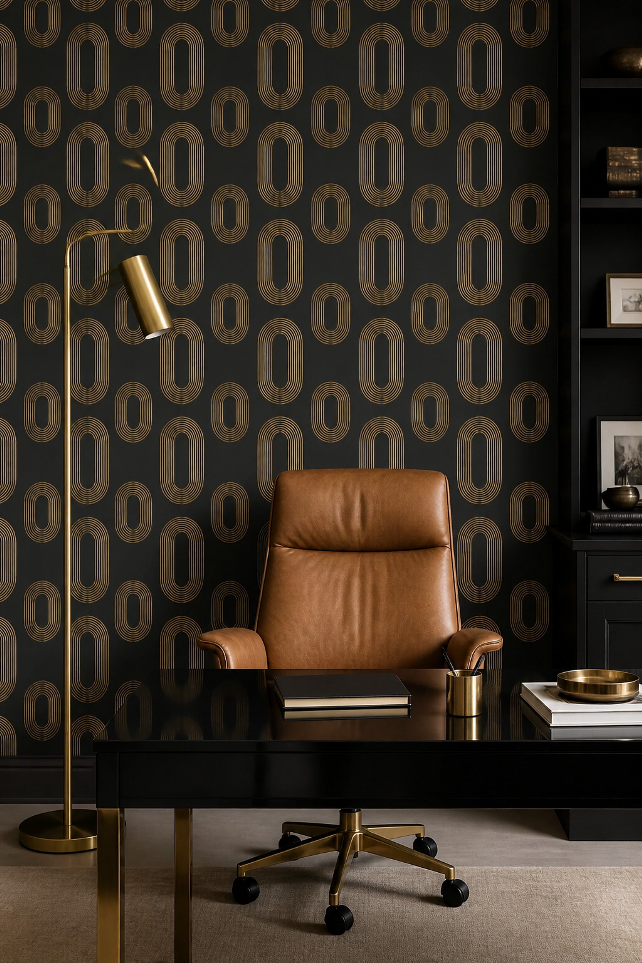 Geometrik Halka Desenli Duvar Kağıdı Siyah Altın Salon