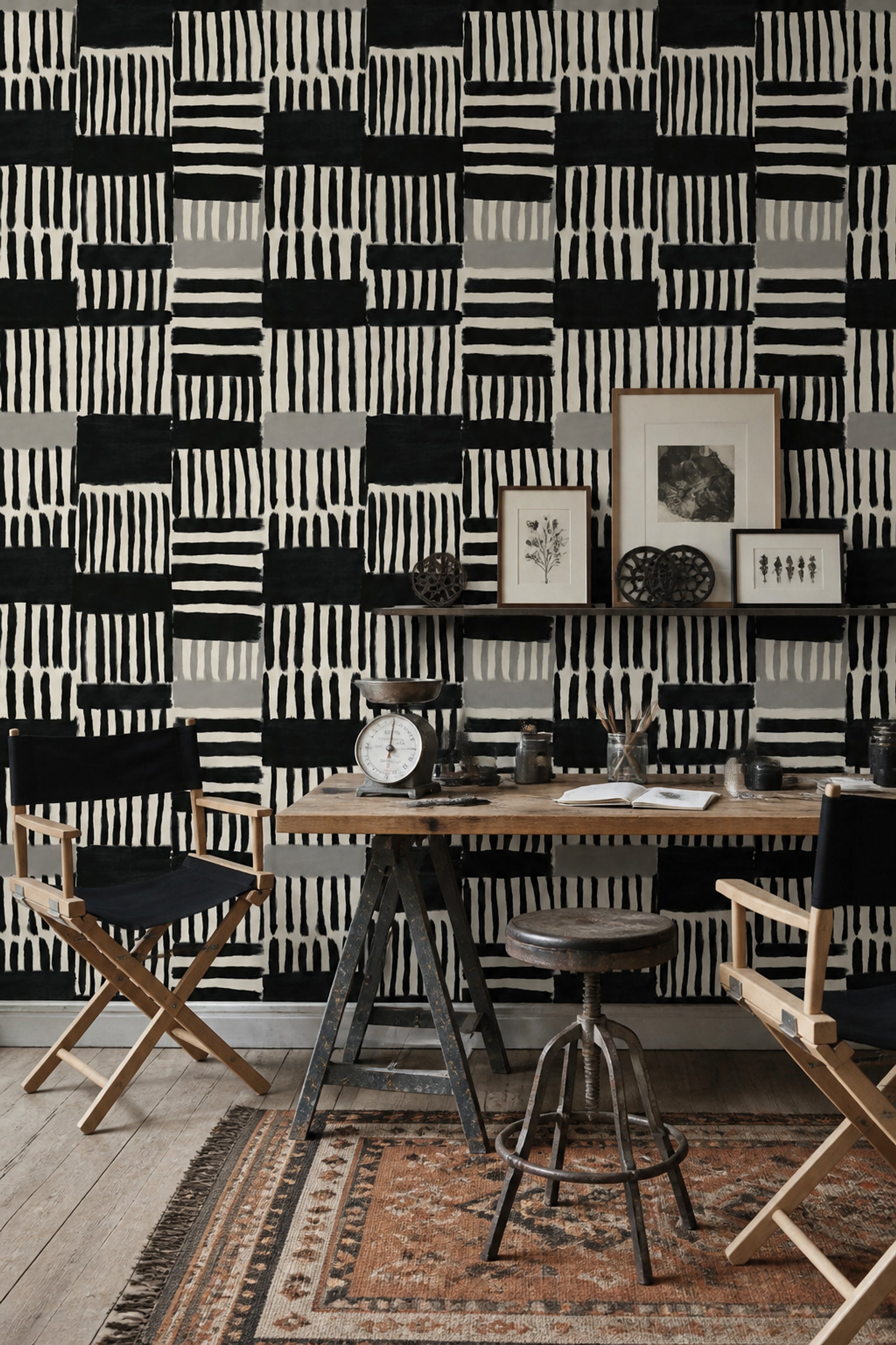Siyah Beyaz Geometrik Duvar Kağıdı Modern Çizgili Salon