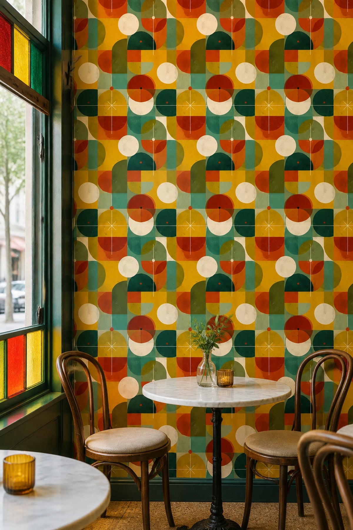 Retro Geometrik Duvar Kağıdı Hardal Yeşil Desenli Salon