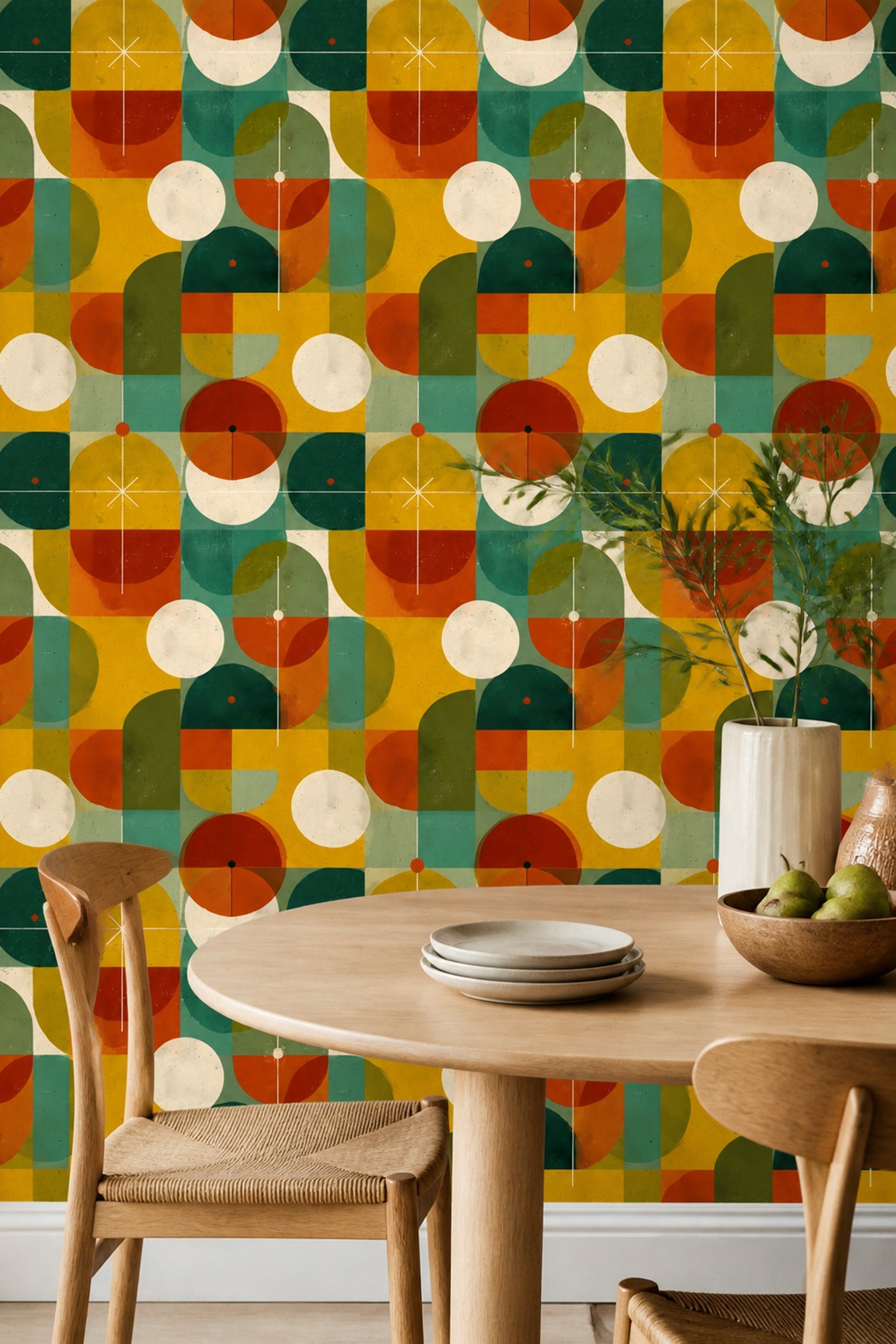 Retro Geometrik Duvar Kağıdı Hardal Yeşil Desenli Salon