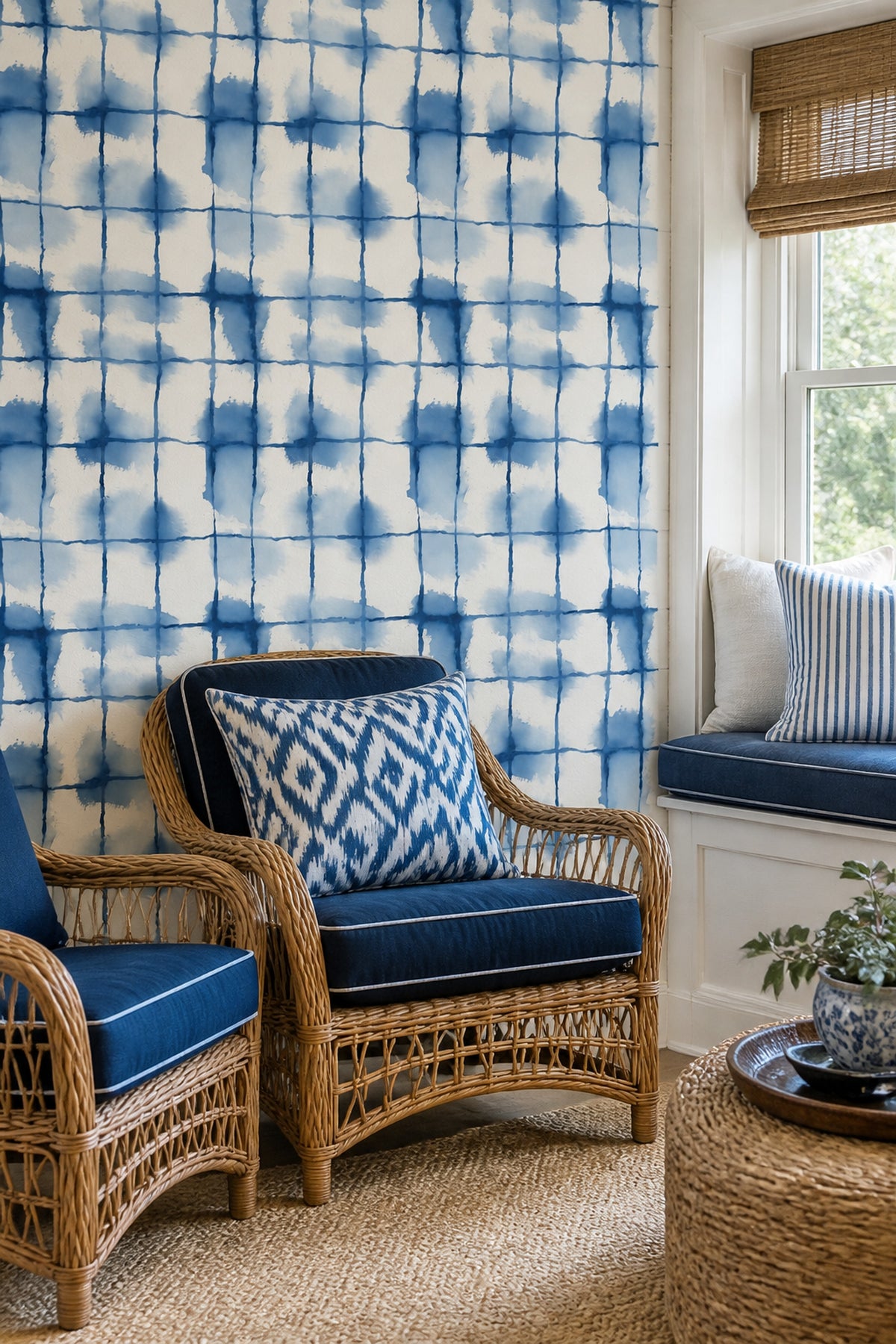 Mavi Batik Kareli Duvar Kağıdı Modern Banyo Deseni