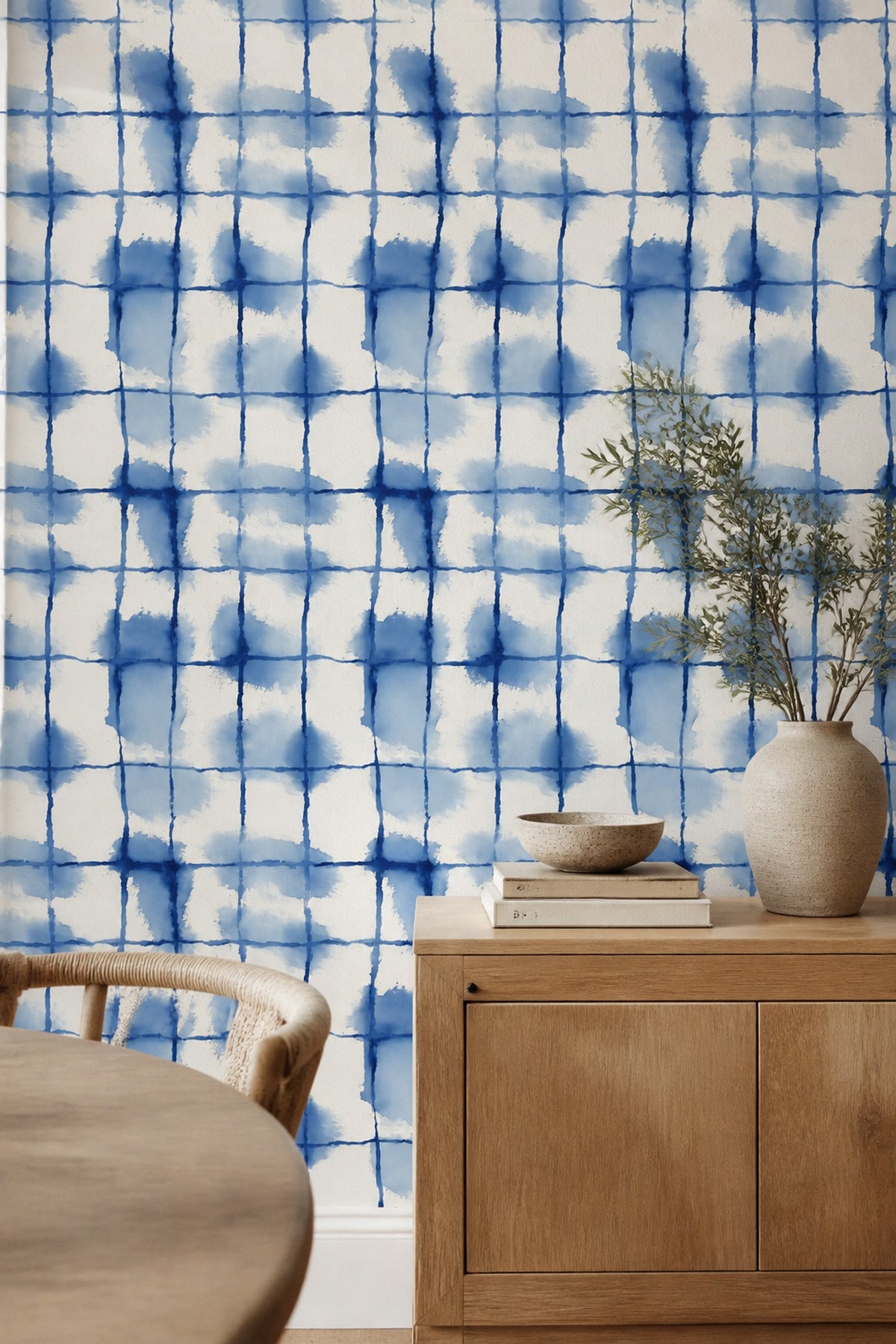 Mavi Batik Kareli Duvar Kağıdı Modern Banyo Deseni