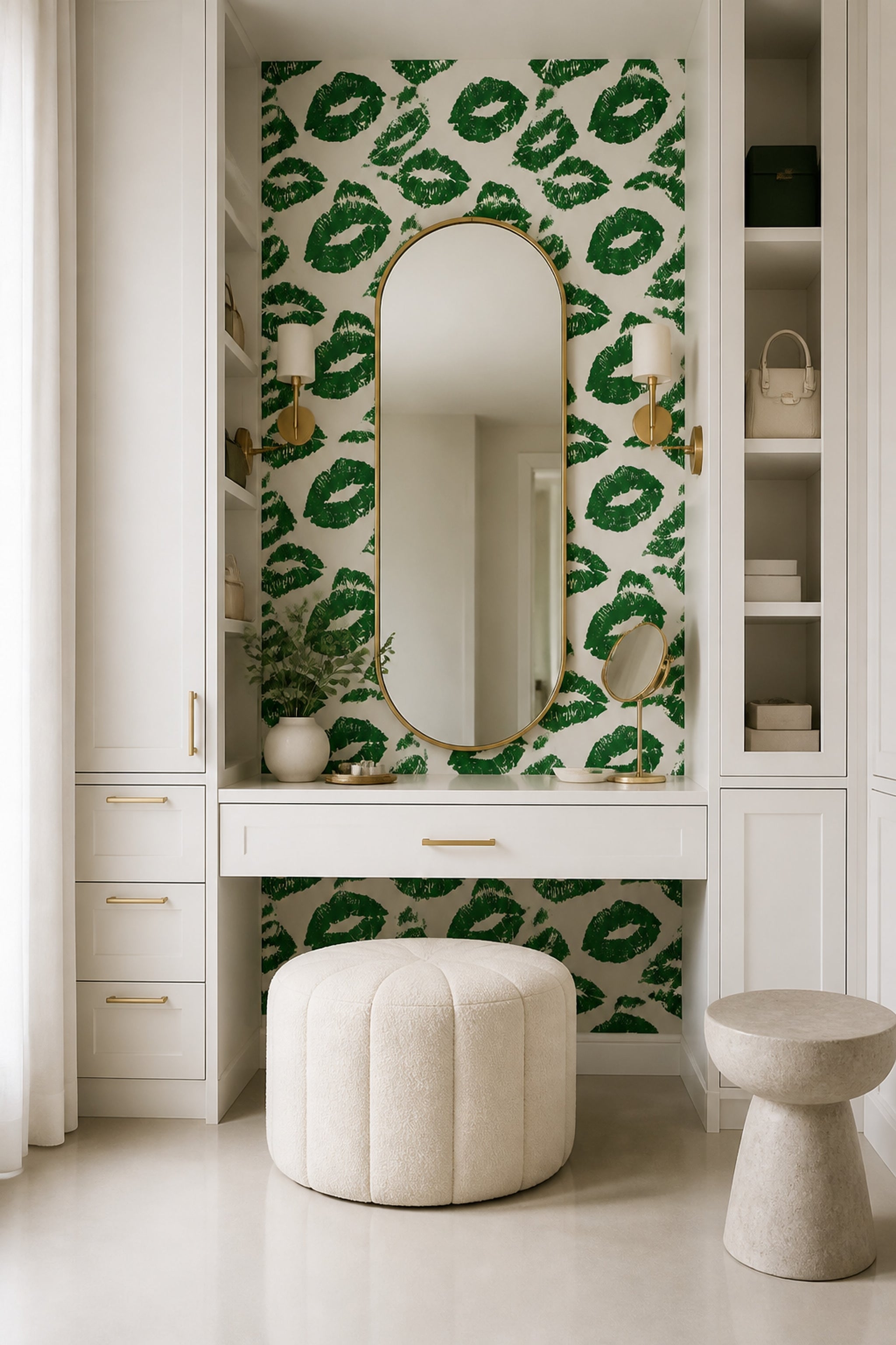 Yeşil Ruj İzi Desenli Duvar Kağıdı Modern Salon