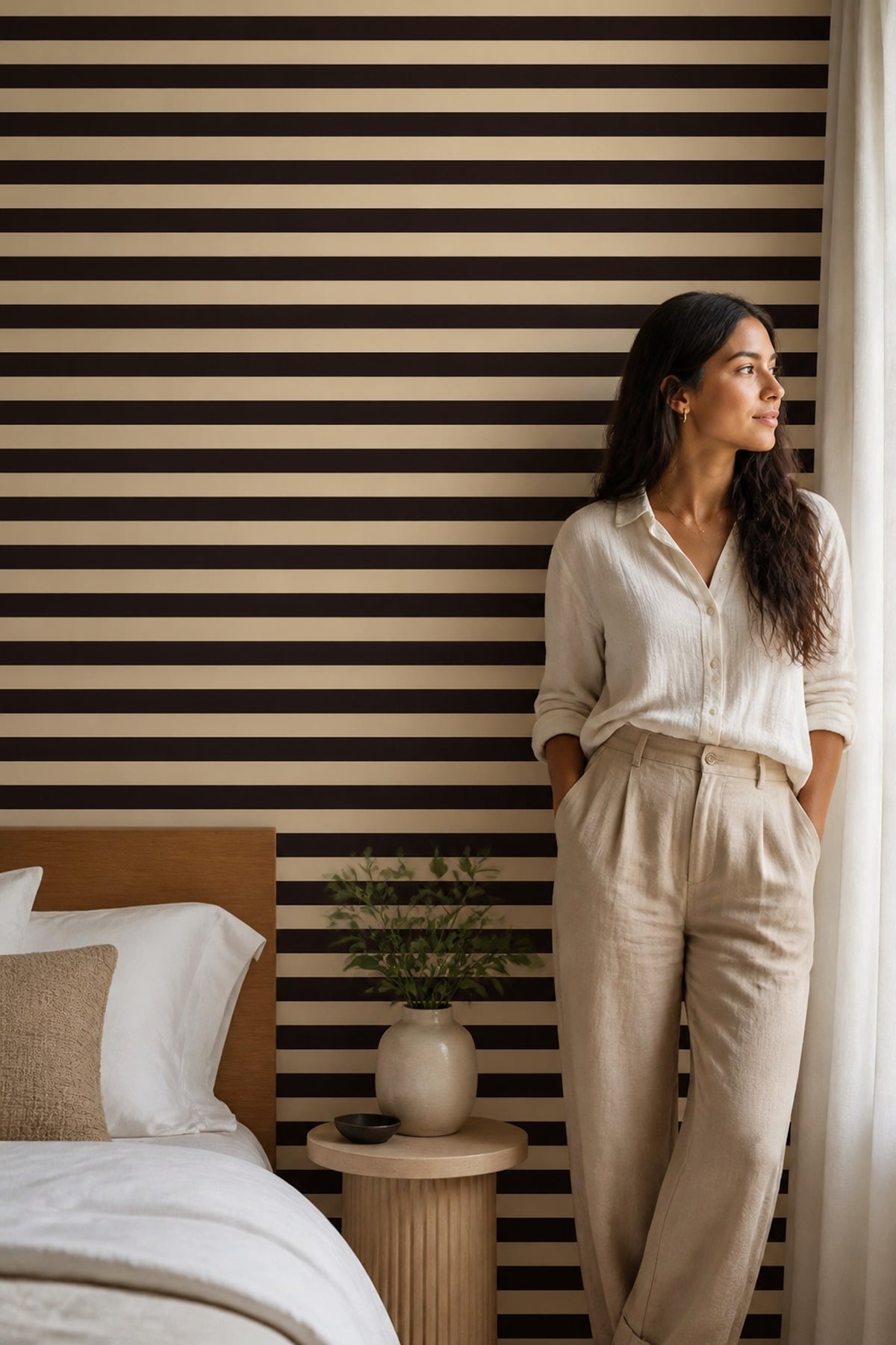 Krem Siyah Çizgili Duvar Kağıdı Modern Banyo Tasarımı