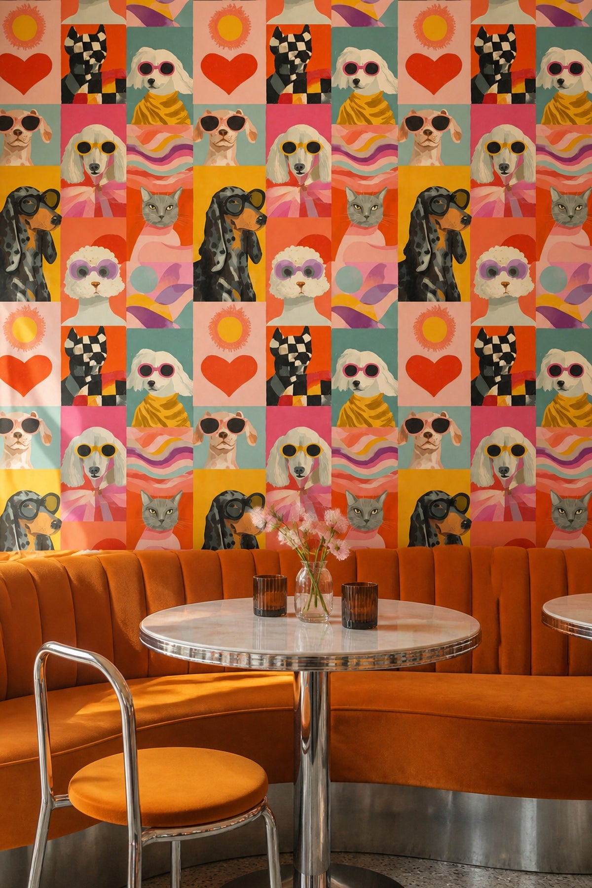 Renkli Hayvan İllüstrasyonlu Duvar Kağıdı Modern Pop Art Desen