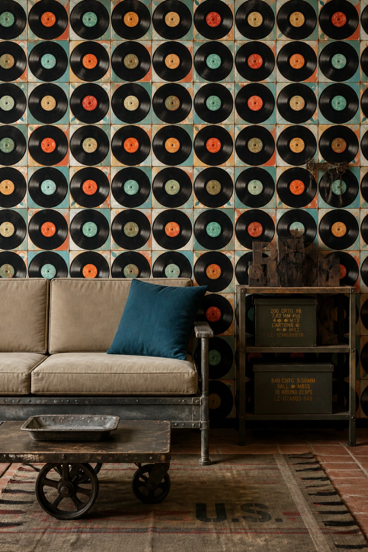 Plak Desenli Duvar Kağıdı Siyah Retro Müzik Teması