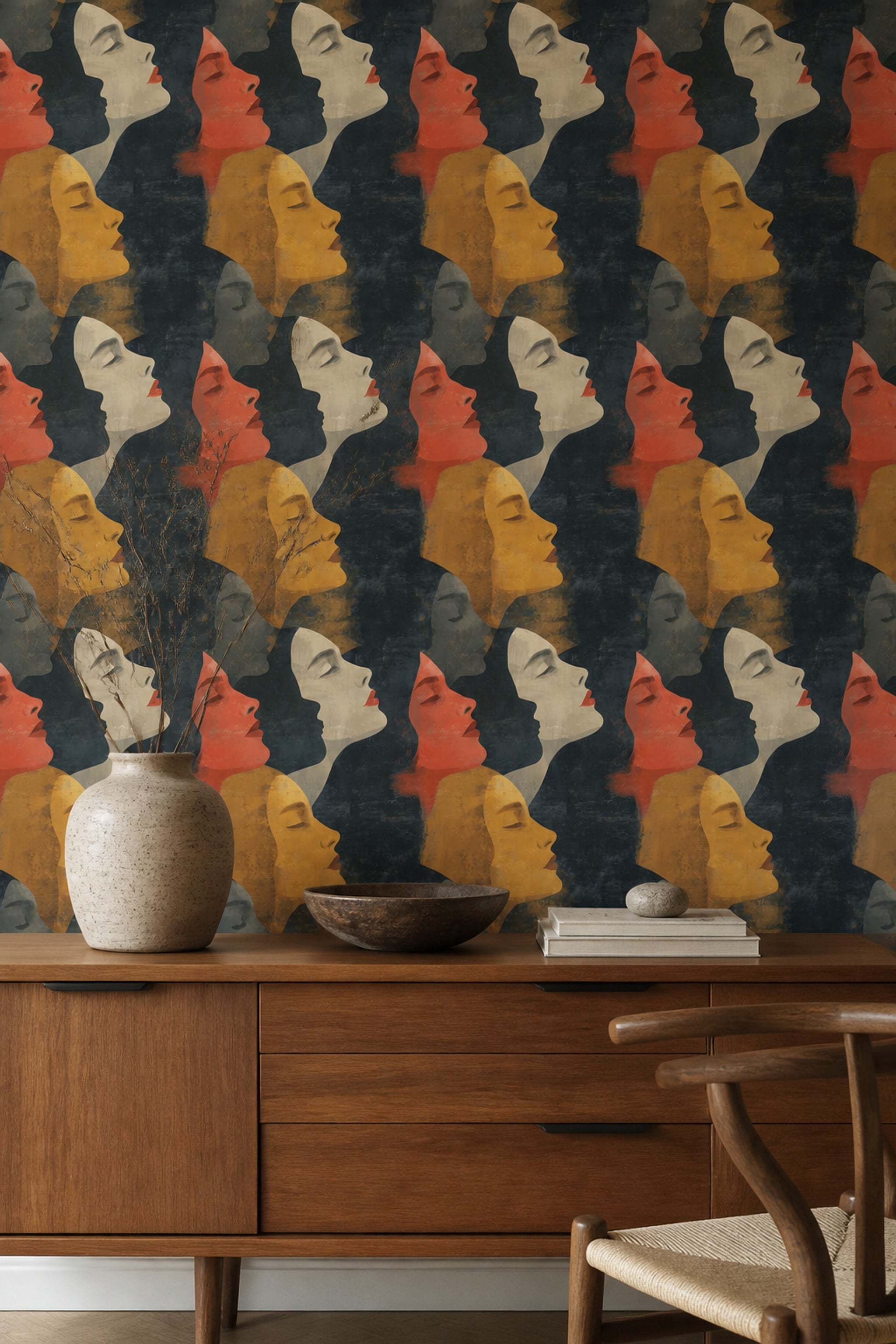 Pop Art Kadın Silüetli Duvar Kağıdı Koyu Renkli