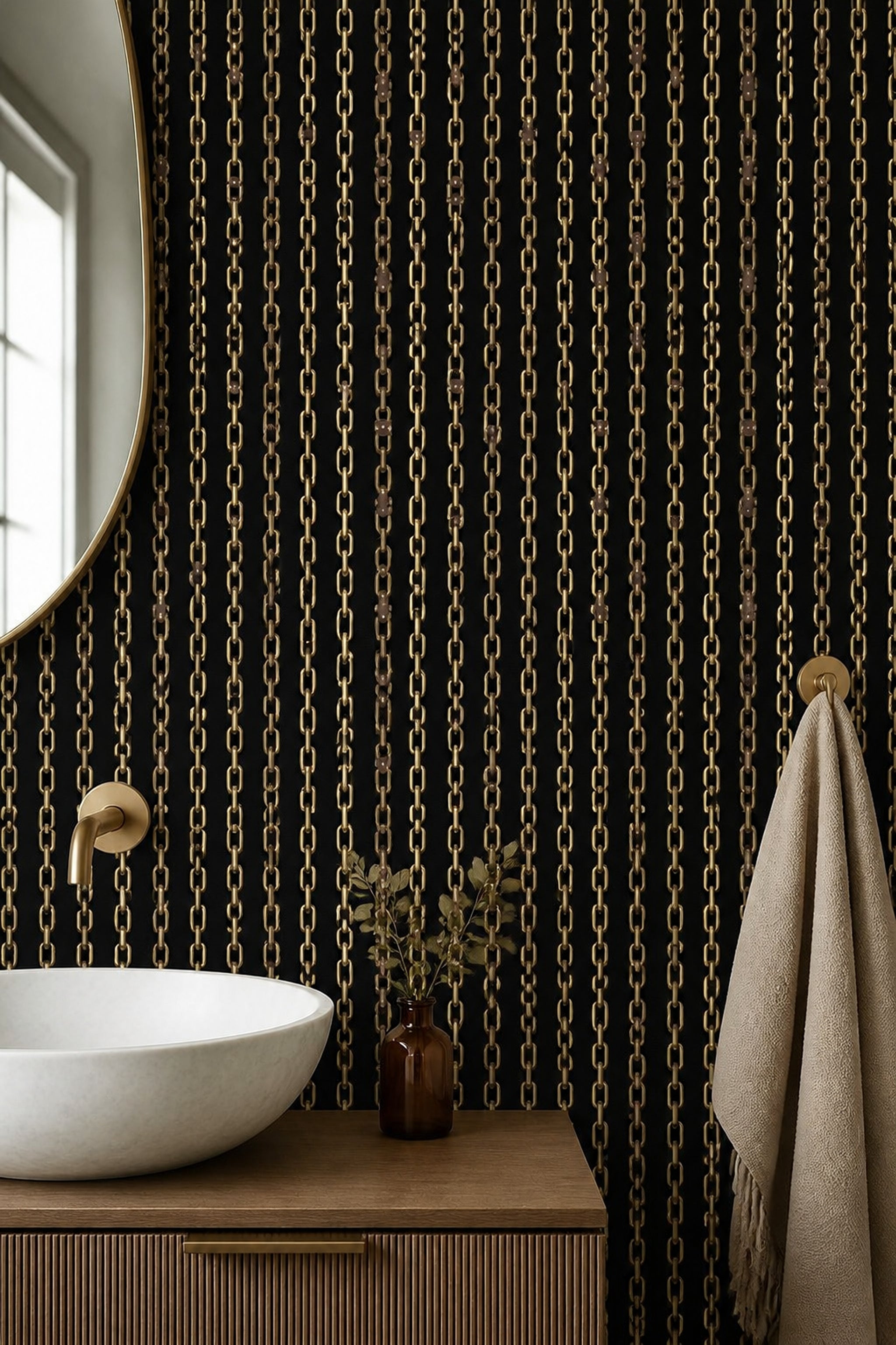 Altın Zincir Desenli Duvar Kağıdı Siyah Modern Banyo
