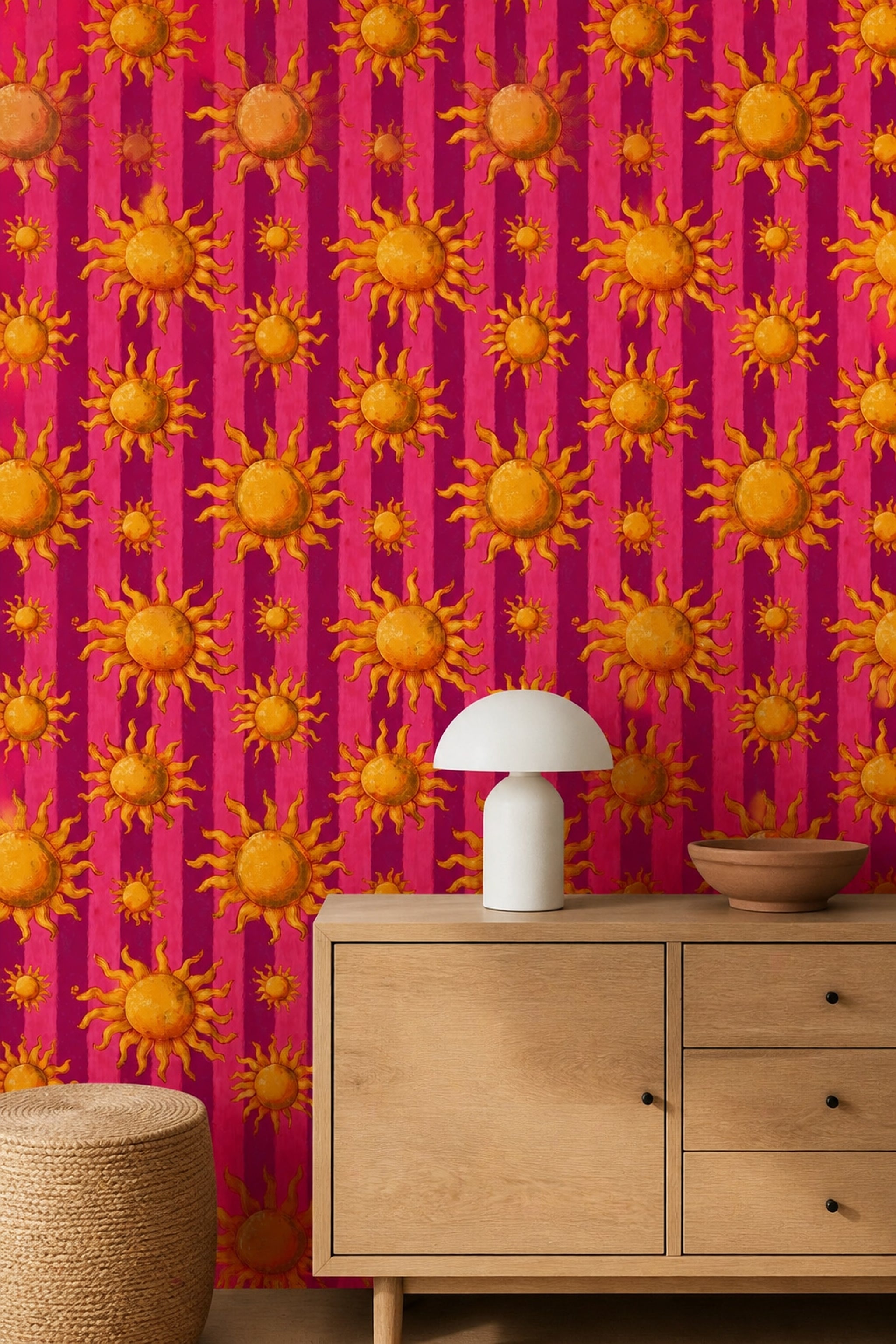 Güneş Motifli Duvar Kağıdı Fuşya Çizgili Retro Salon