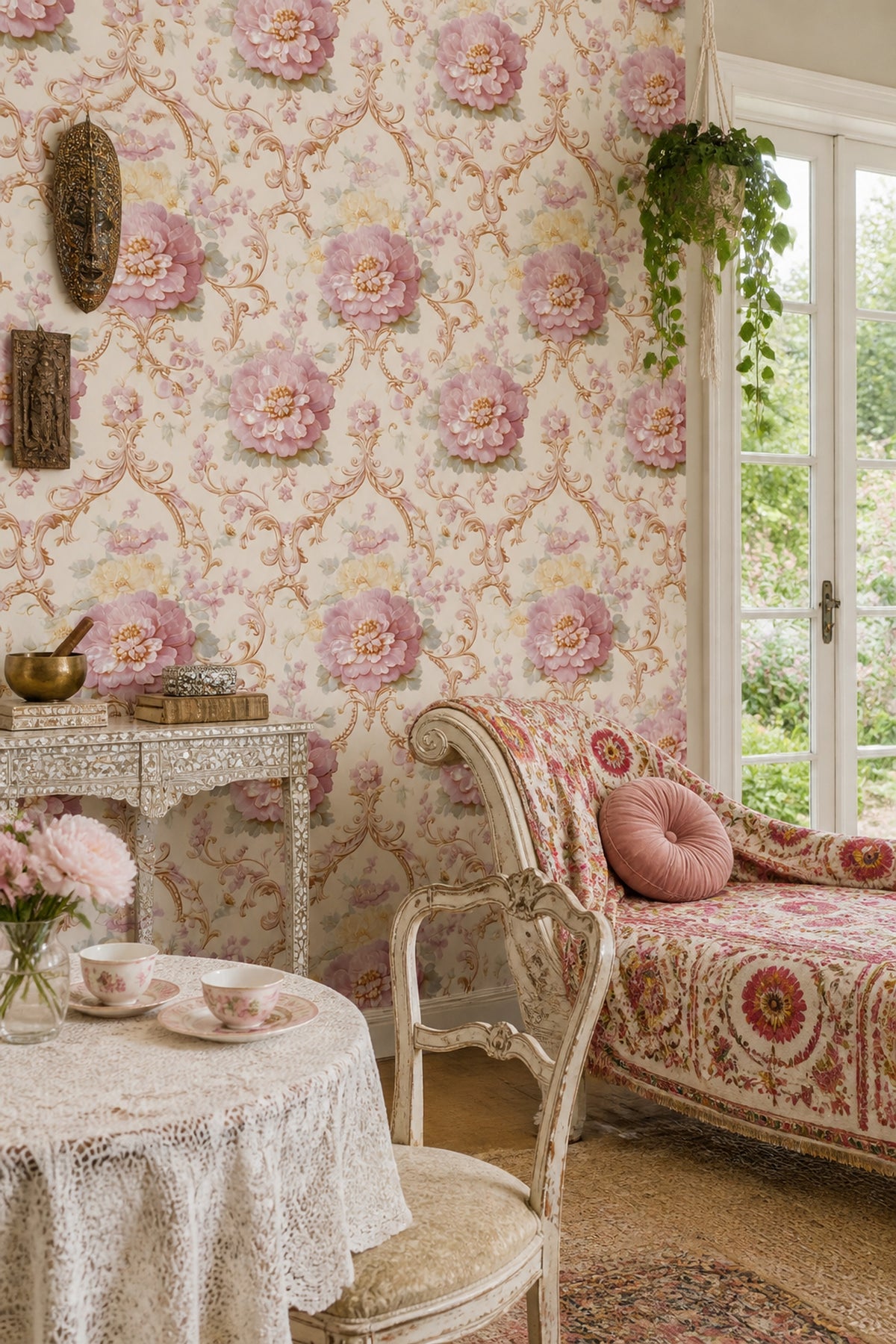 Vintage Gül Desenli Duvar Kağıdı Pudra Pembe Krem Salon