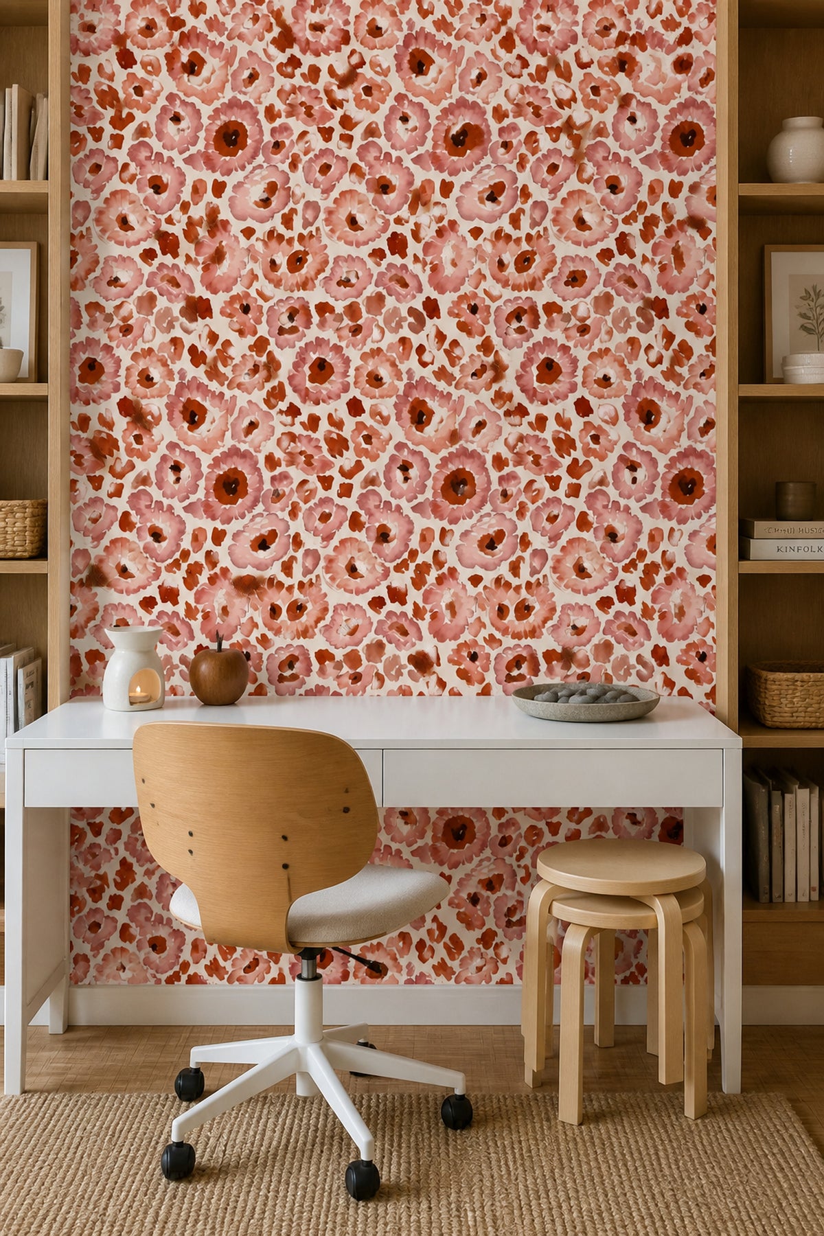 Suluboya Çiçekli Duvar Kağıdı Terracotta Pudra Desenli Salon