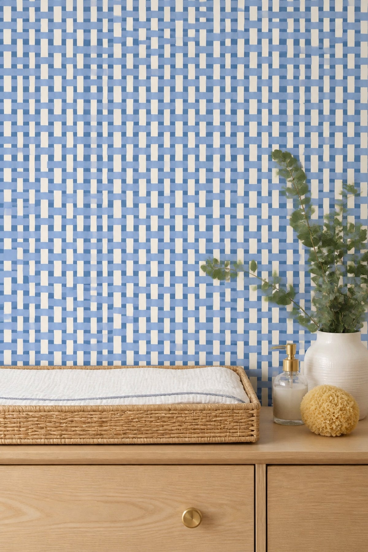 Geometrik Örgü Desenli Duvar Kağıdı Mavi Bej Salon
