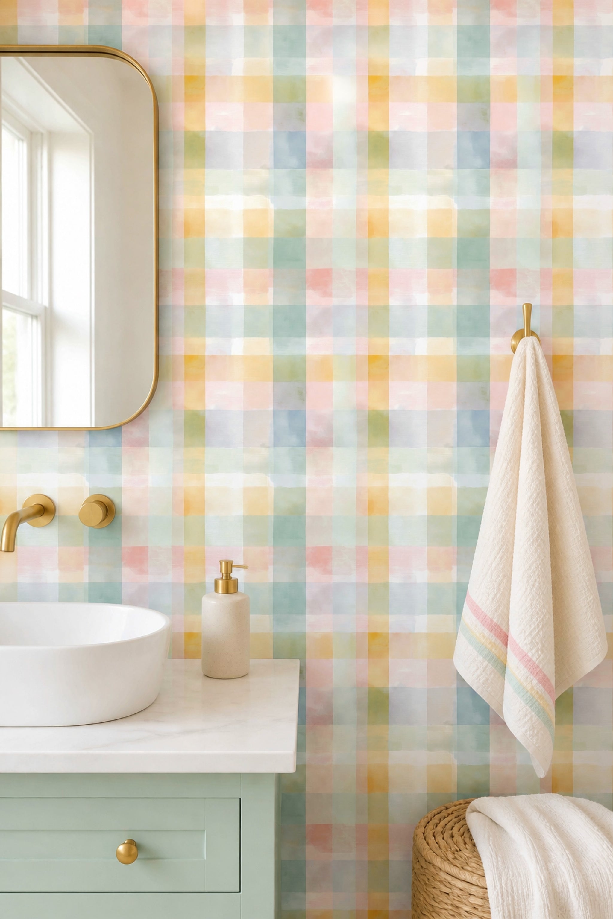 Pastel Kareli Duvar Kağıdı Renkli Ekose Banyo Deseni