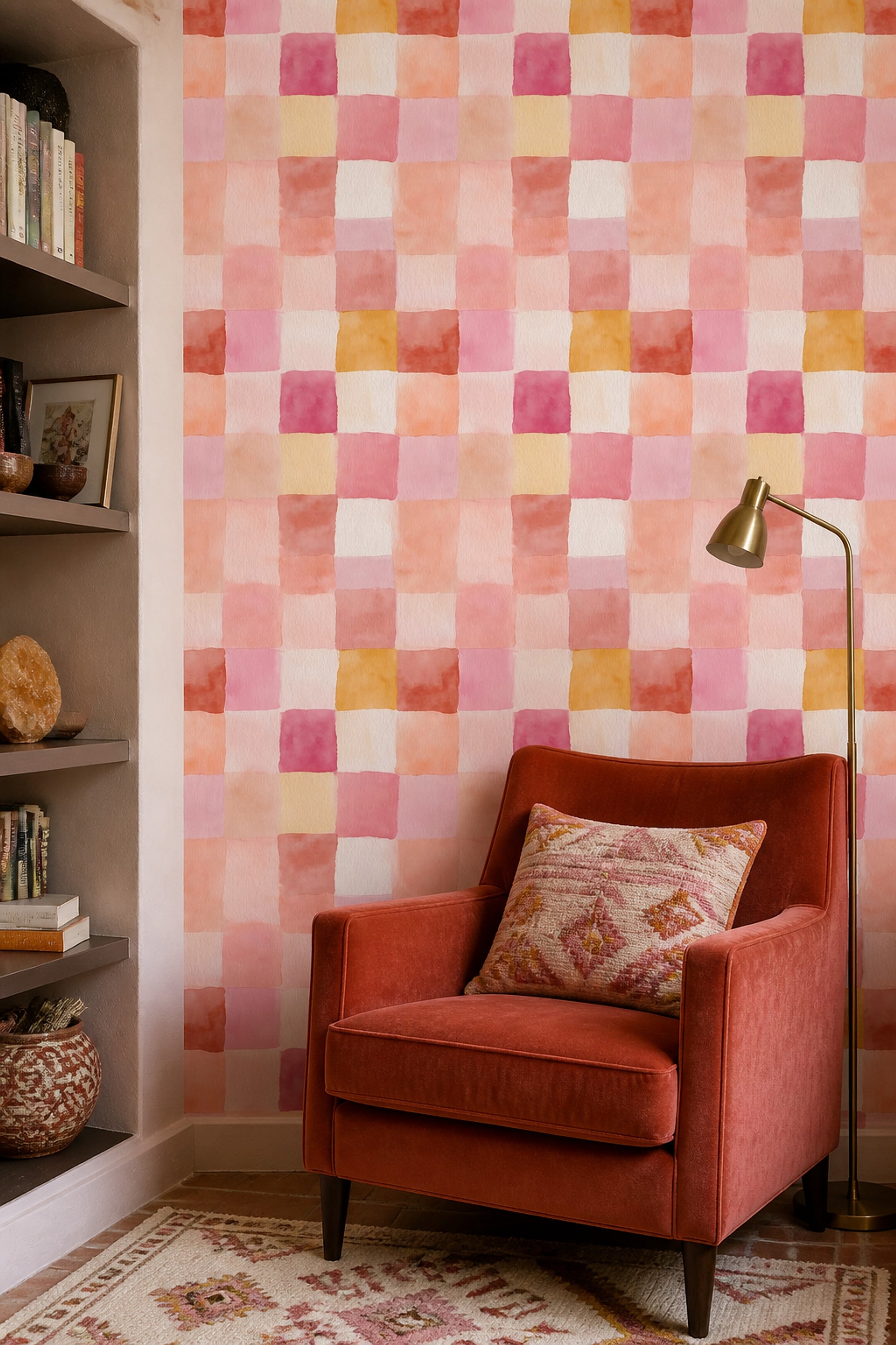 Suluboya Kareli Duvar Kağıdı Pastel Pembe Sarı Salon