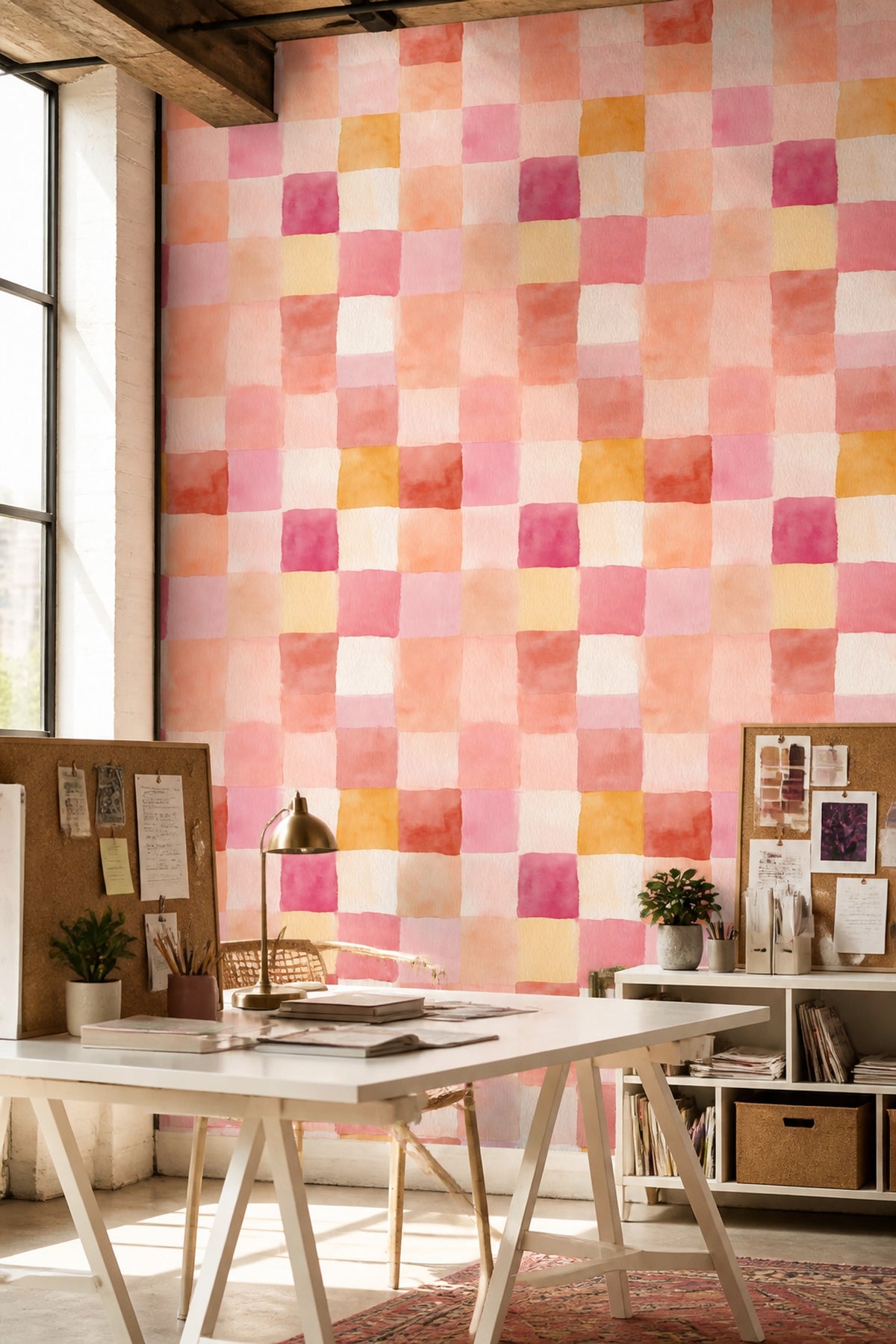 Suluboya Kareli Duvar Kağıdı Pastel Pembe Sarı Salon