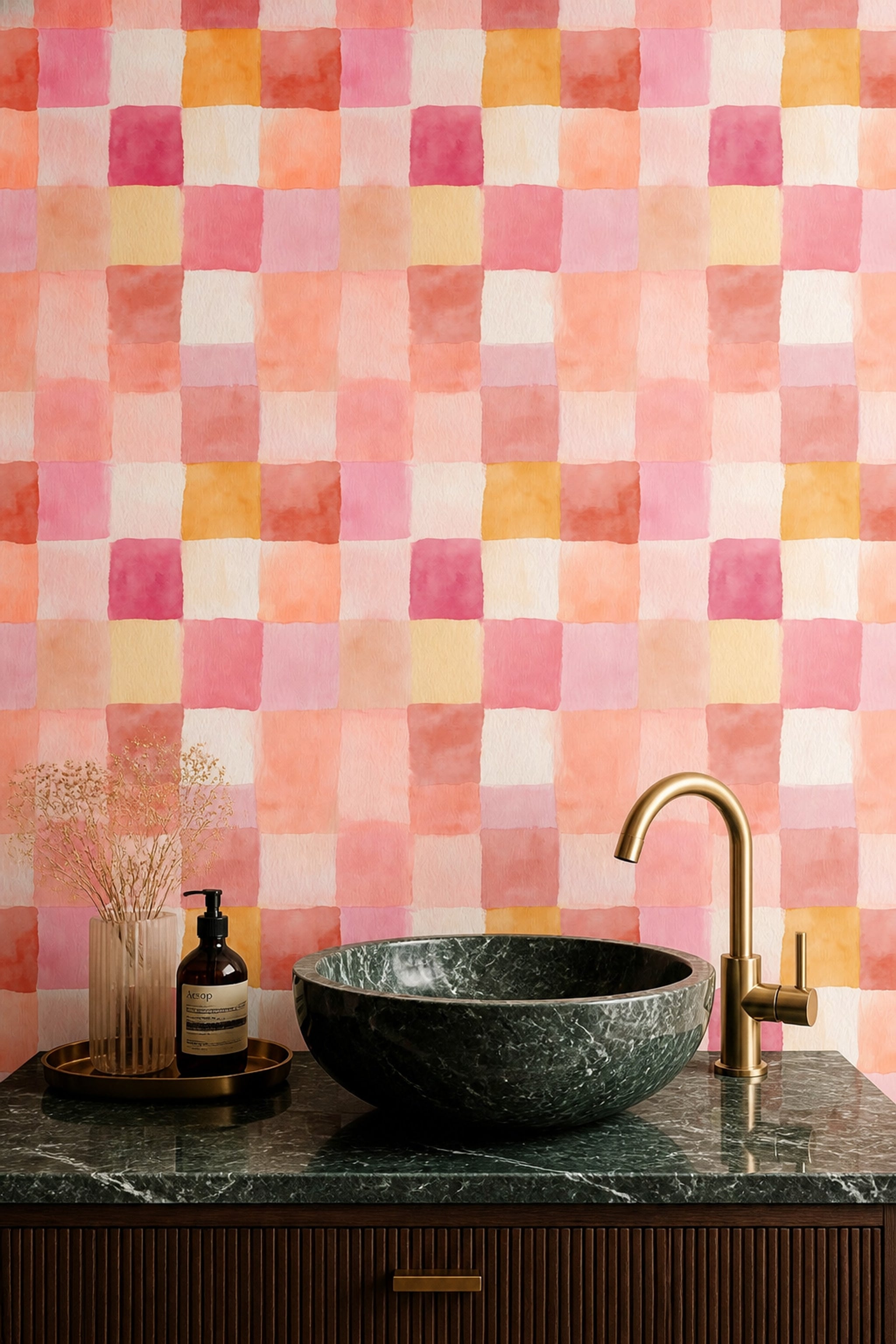 Suluboya Kareli Duvar Kağıdı Pastel Pembe Sarı Salon