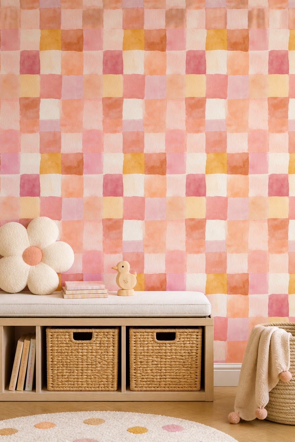 Suluboya Kareli Duvar Kağıdı Pastel Pembe Sarı Salon