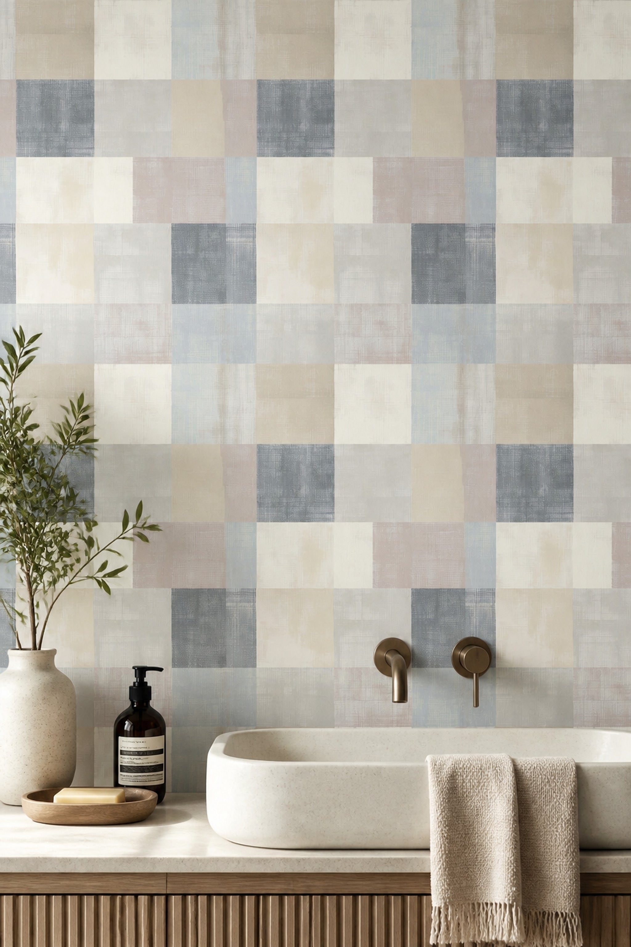 Kare Geometrik Duvar Kağıdı Mavi Bej Modern Salon