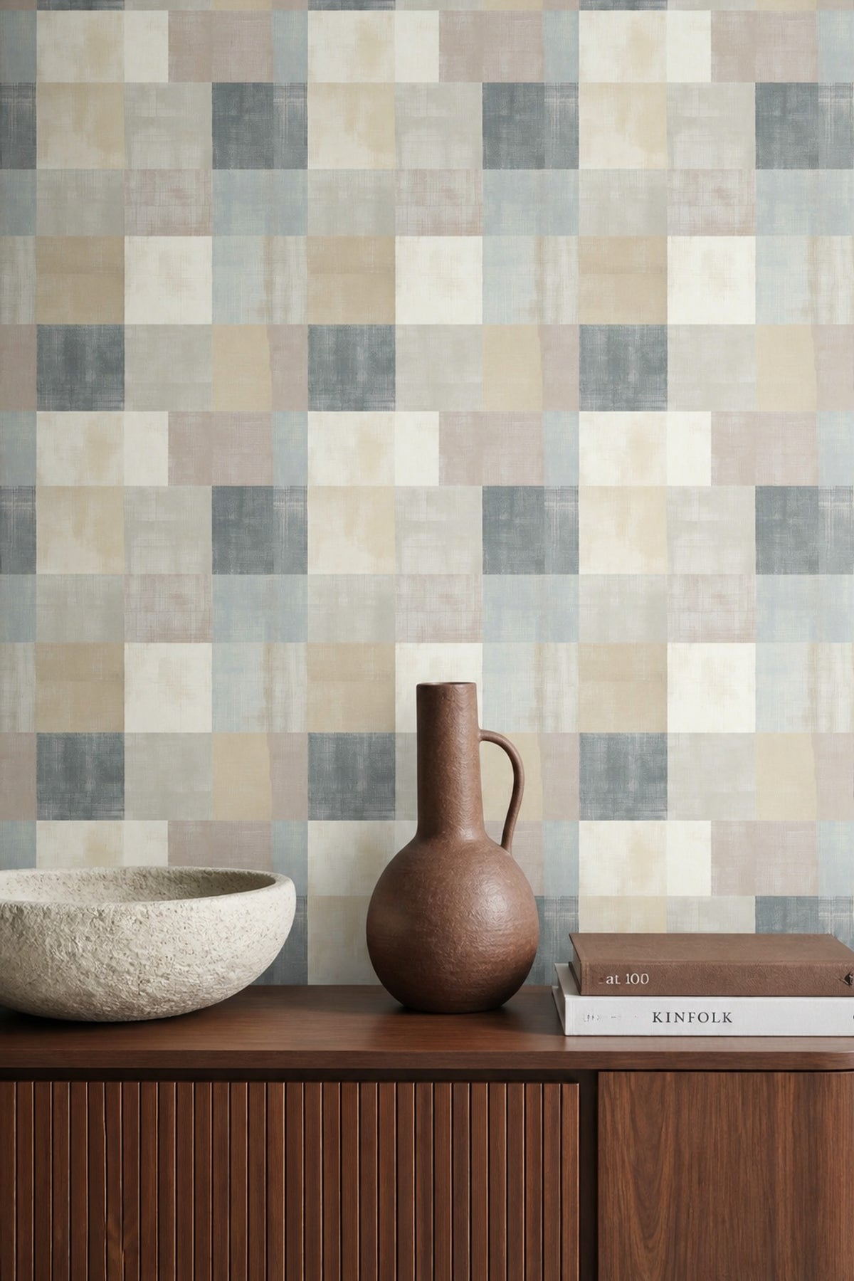 Kare Geometrik Duvar Kağıdı Mavi Bej Modern Salon