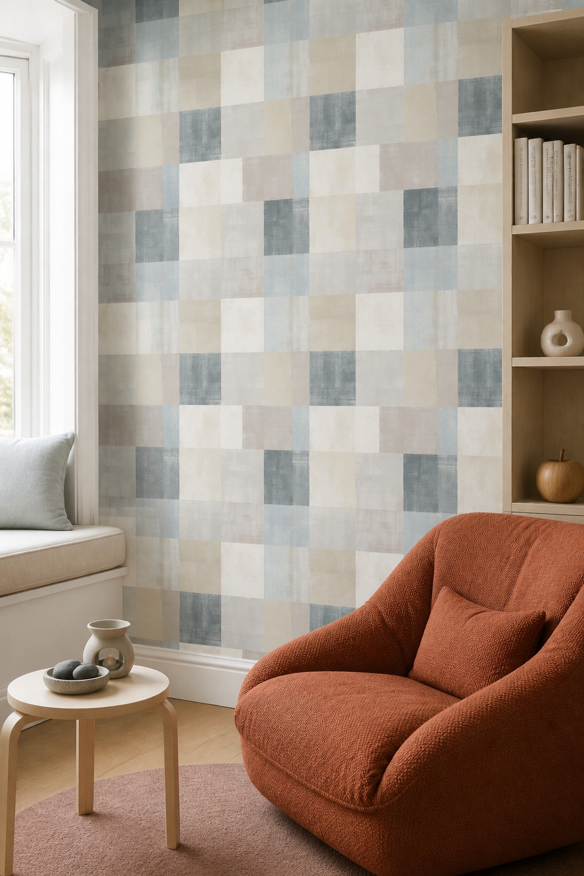 Kare Geometrik Duvar Kağıdı Mavi Bej Modern Salon