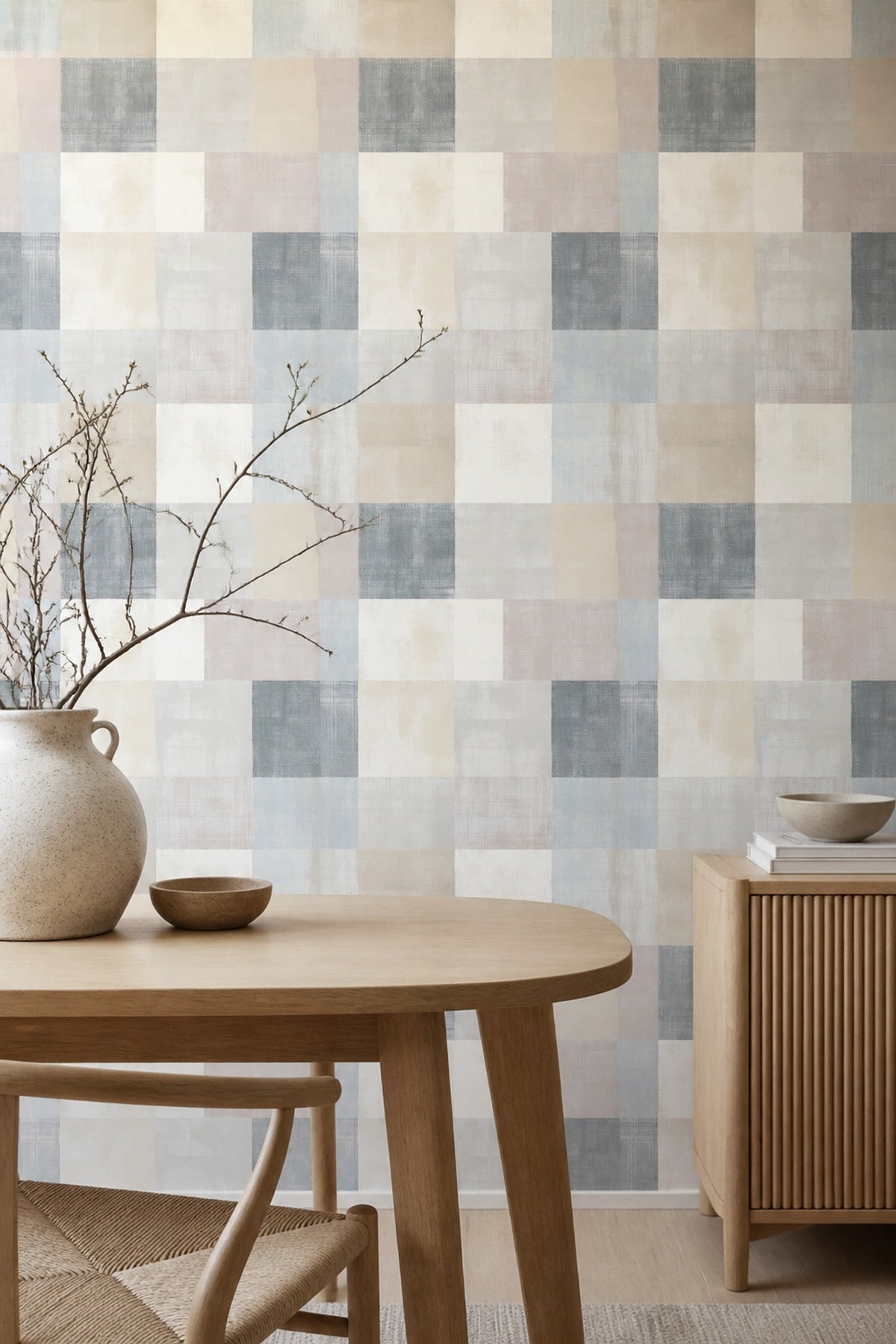 Kare Geometrik Duvar Kağıdı Mavi Bej Modern Salon